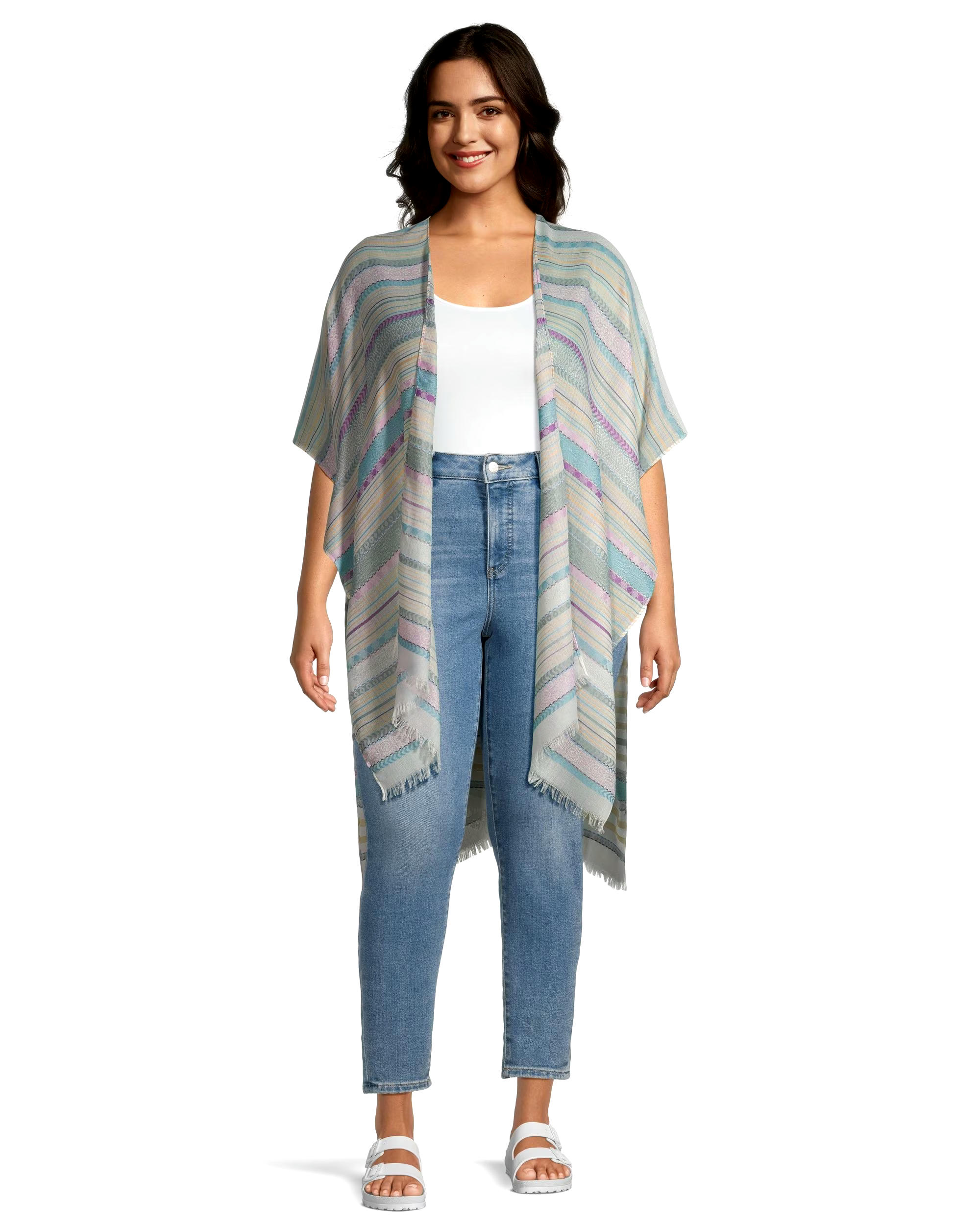 FarWest Women's Frayed Edge Striped Ruana