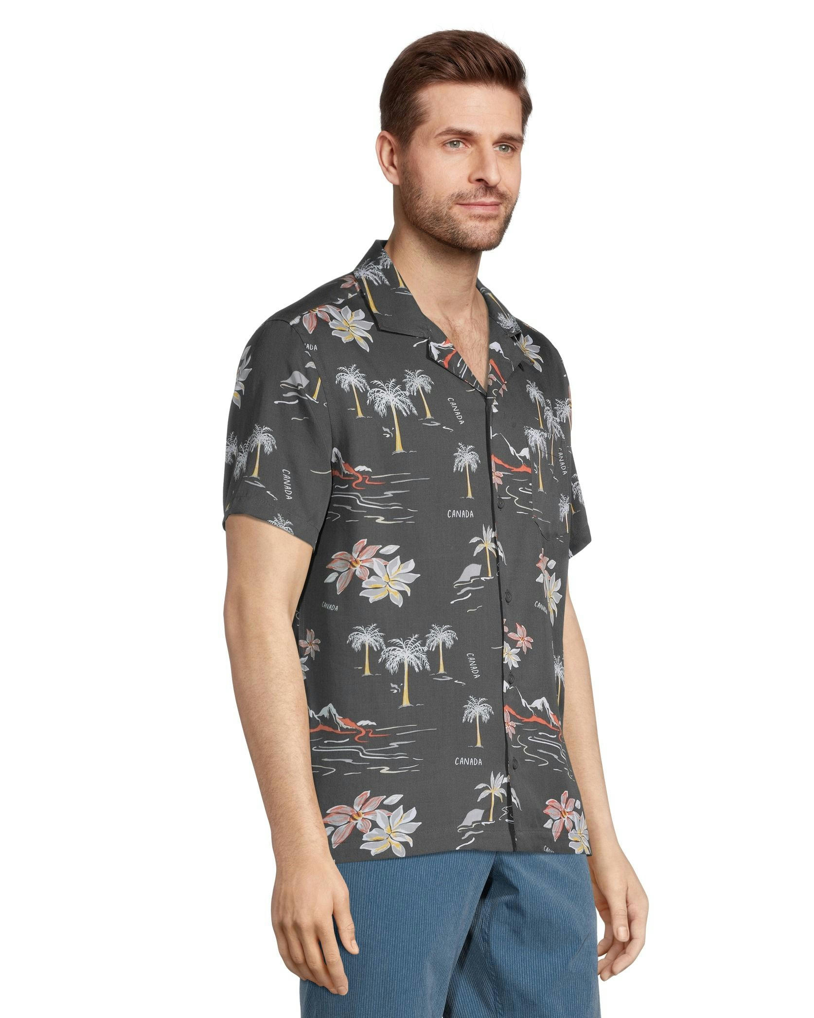 FarWest Men's Modern Fit Short Sleeve AOP Camp Collar Shirt