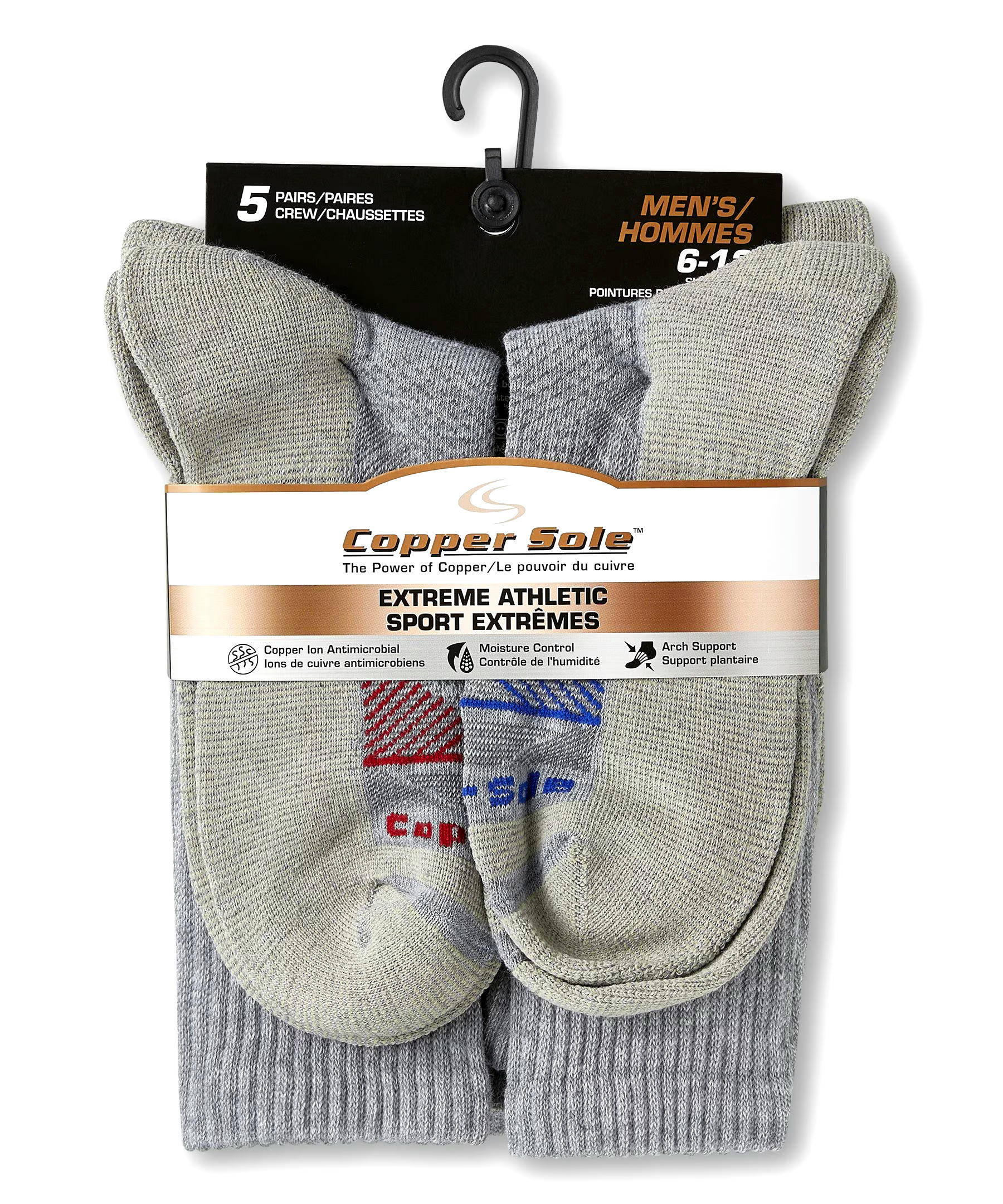 Copper Sole Men's 5 Pack Extreme Atheletic Crew Socks