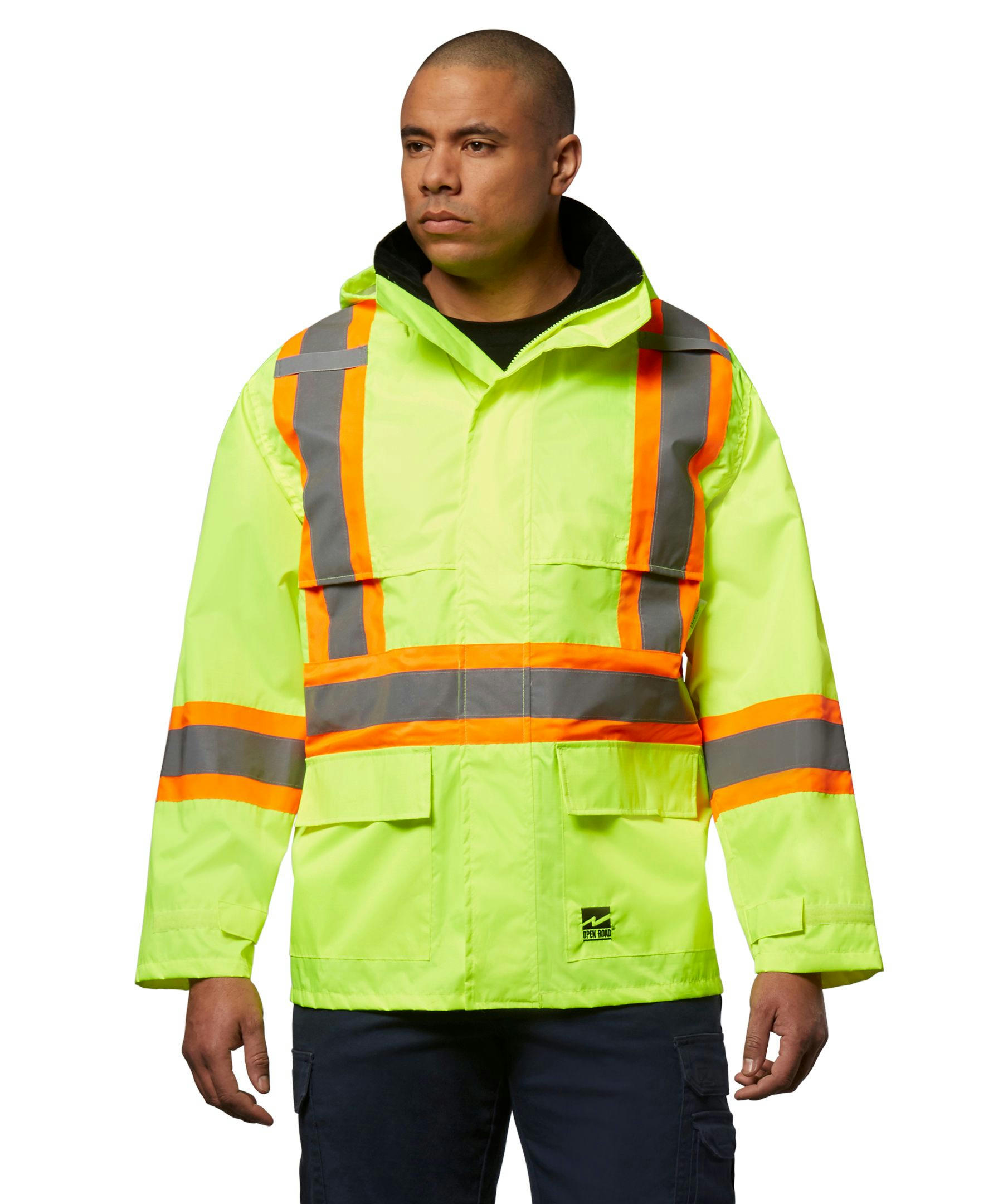 Open Road Men's Hi-Vis 150D Unlined Waterproof and Windproof Safety Rain Jacket
