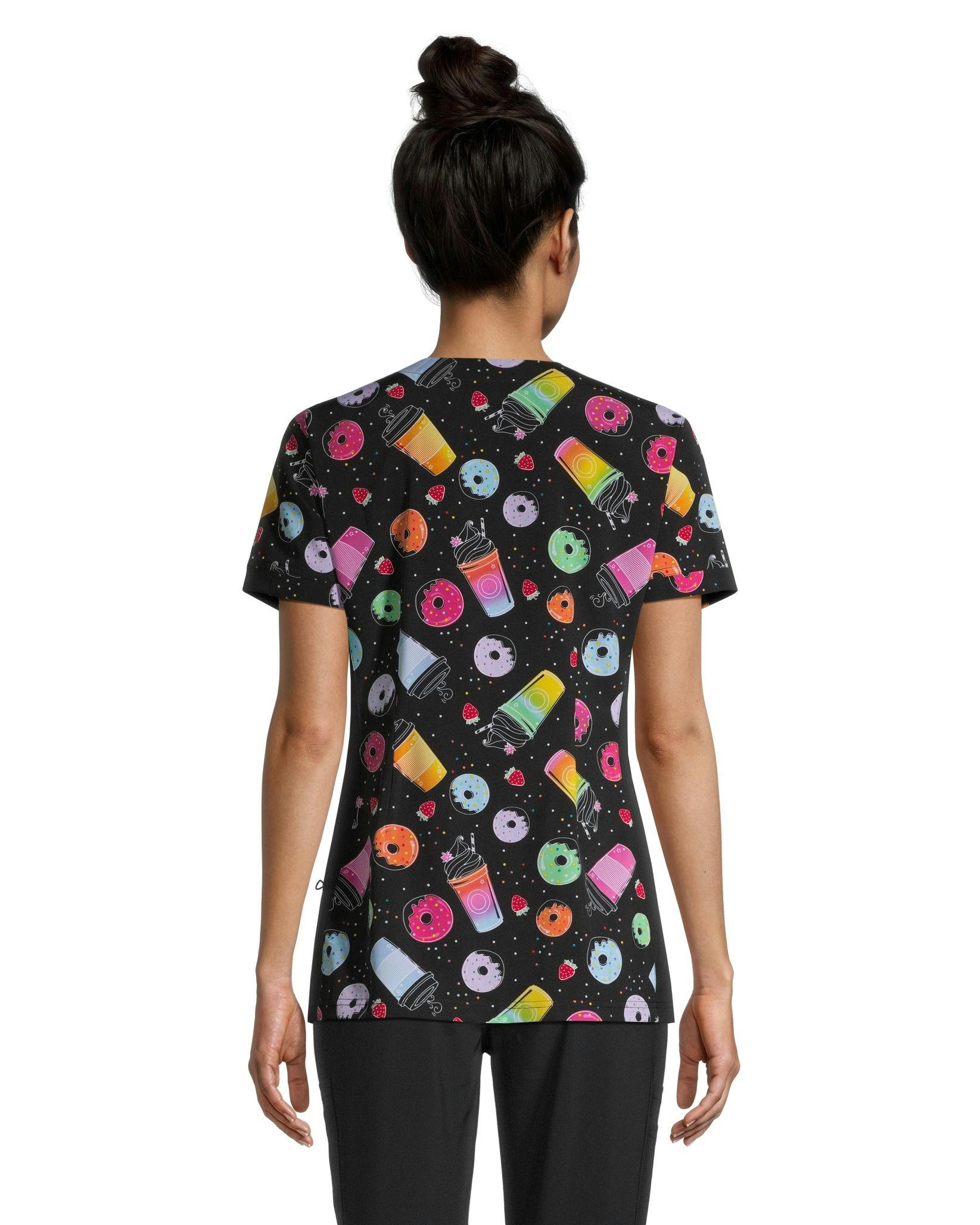 Scrubletics Women's Kangaroo Pocket V Neck Donut Print Scrub Top