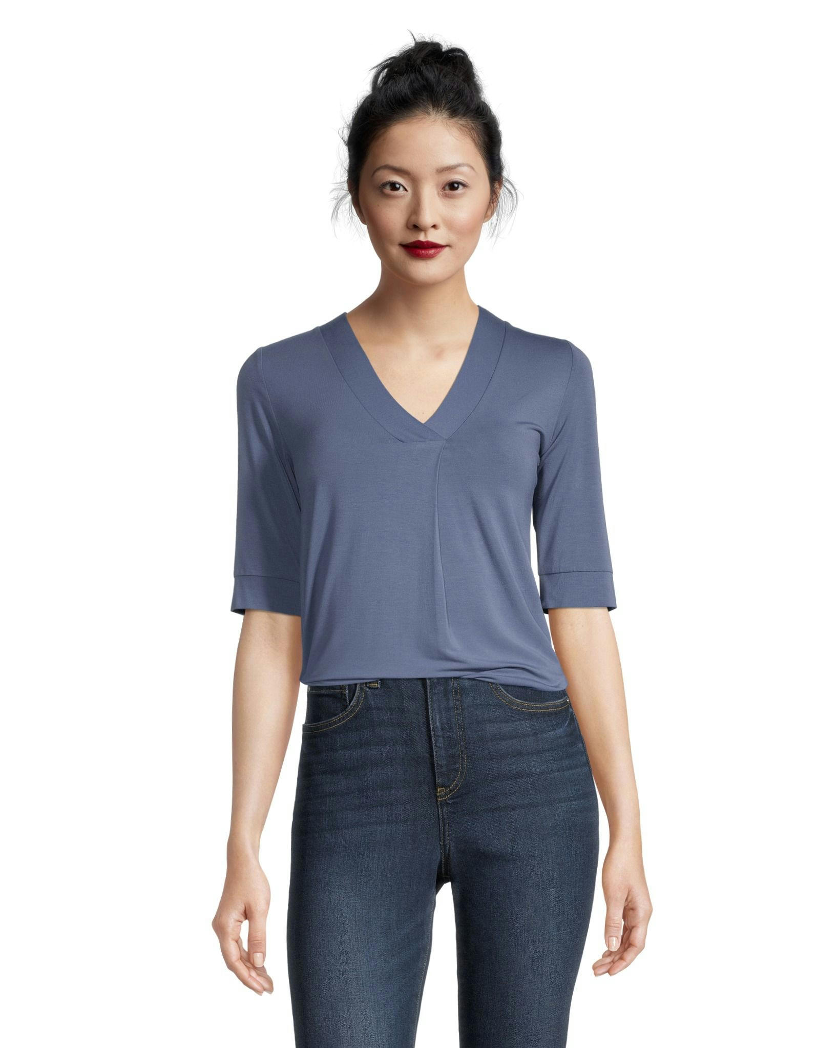 Denver Hayes Women's Pleat Detail Relaxed Fit V-Neck Top