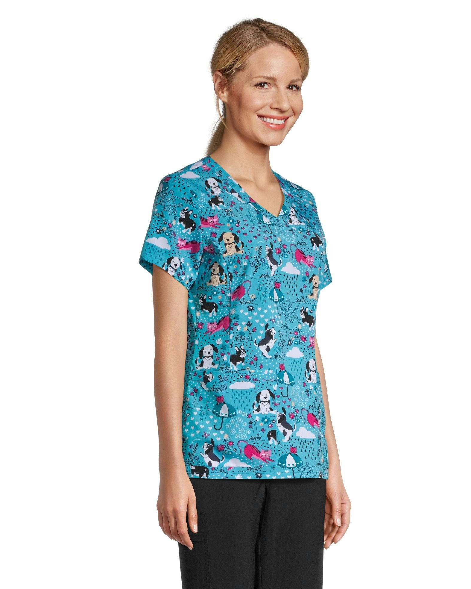 Scrubletics Women's Contoured V Neck Cats and Dogs Scrub Top