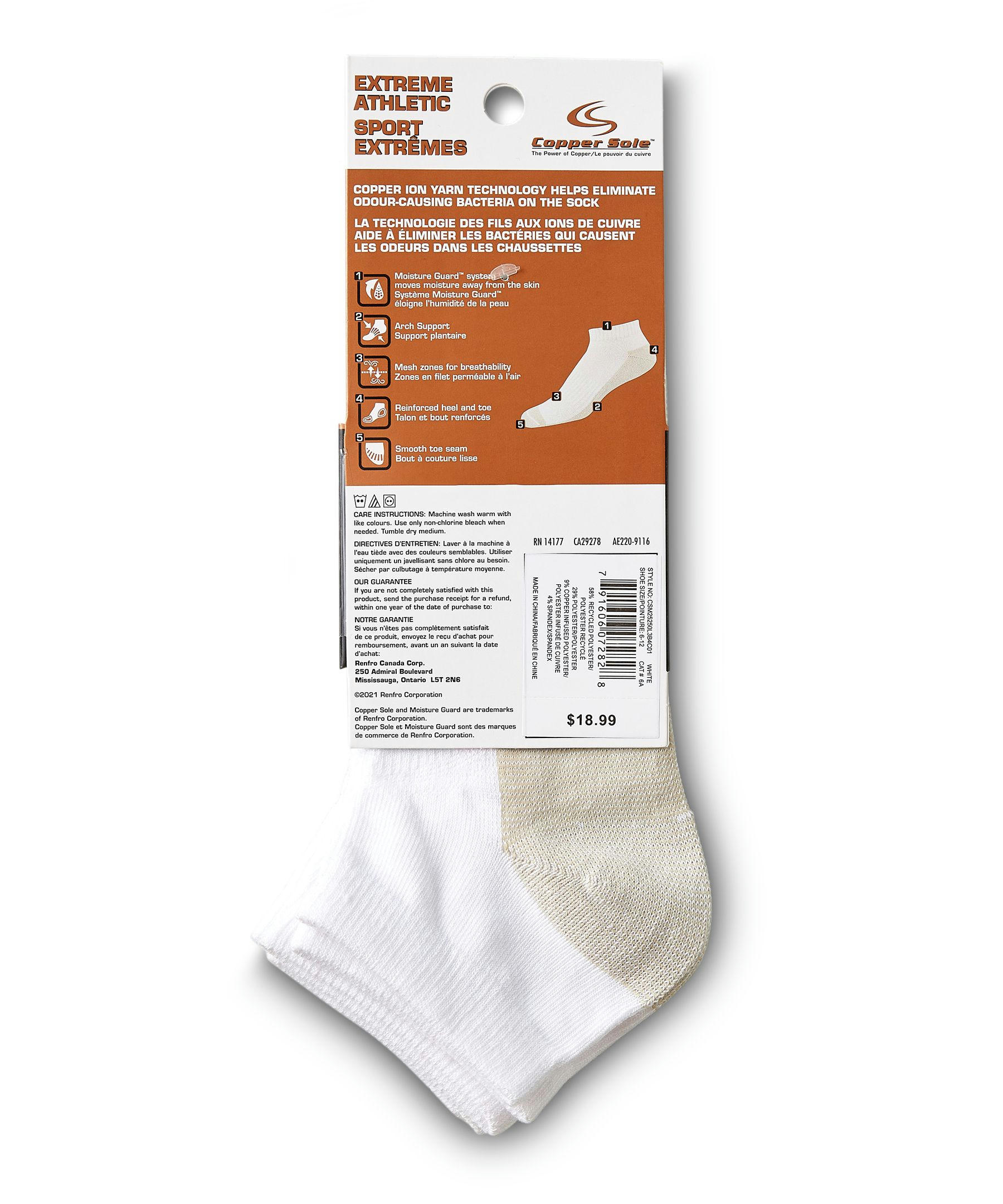 Copper Sole Men's 3 Pack Extreme Athletic Low Cut Socks with Moisture Guard