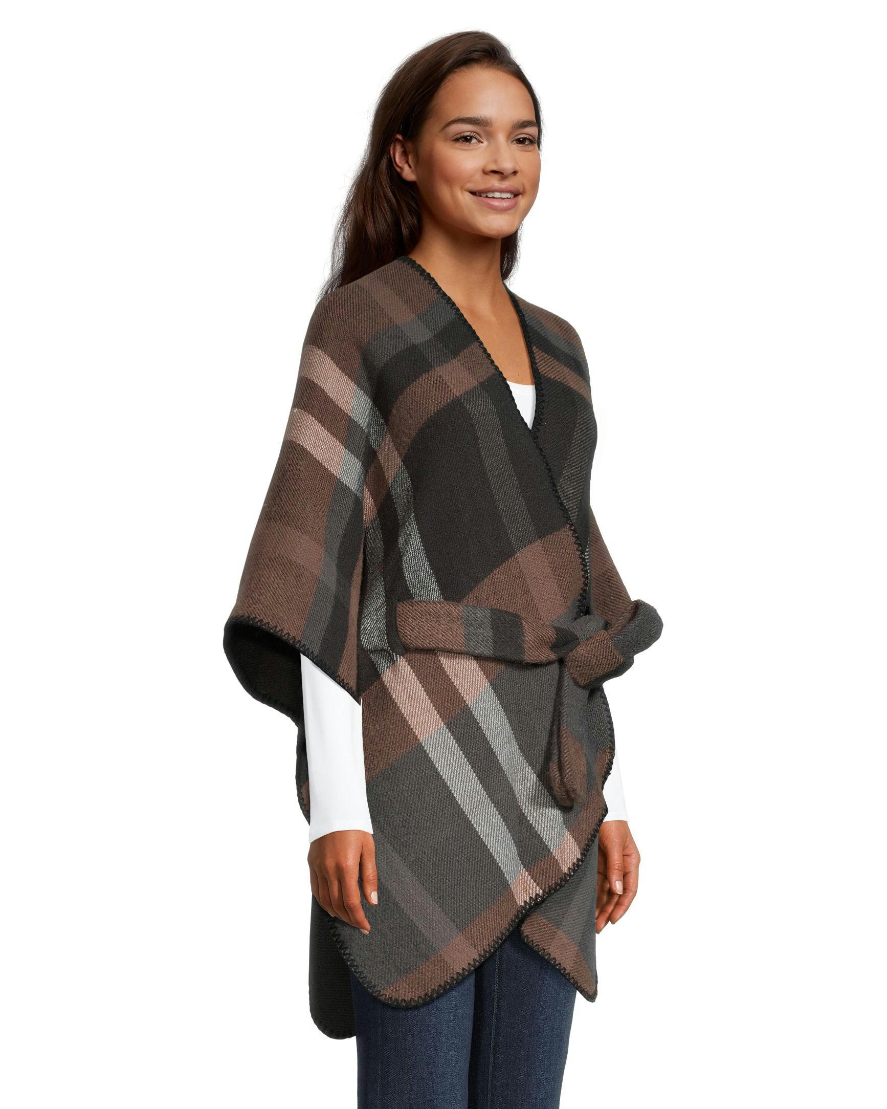 Denver Hayes Women's Plaid Self Tie Shawl Ruana