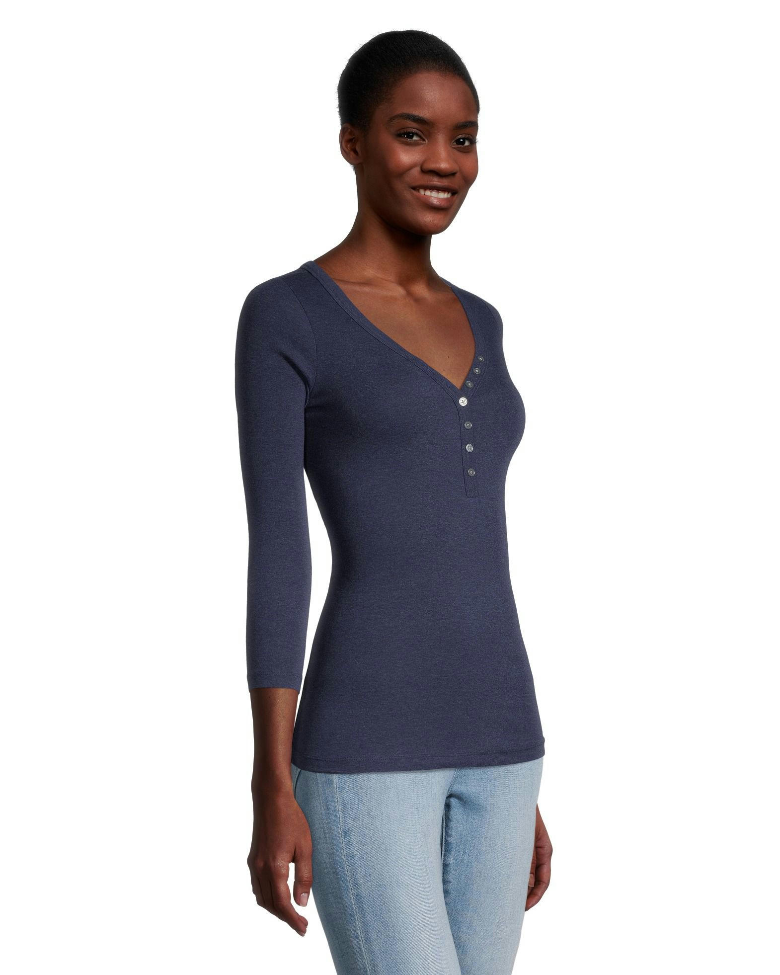 Denver Hayes Women's Three Quarter Sleeve Fitted Henley T Shirt