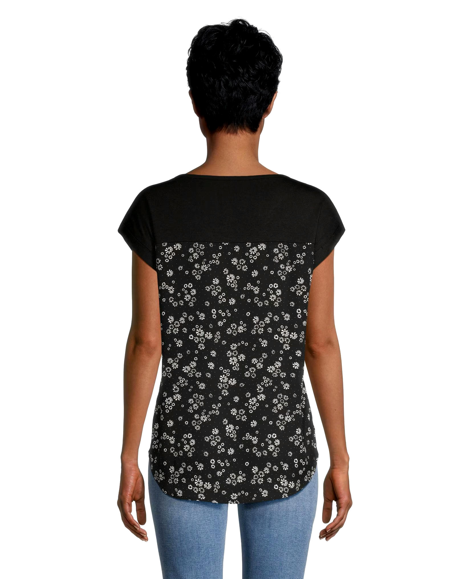 Denver Hayes Women's Mixed Media Printed Short Sleeve Blouse