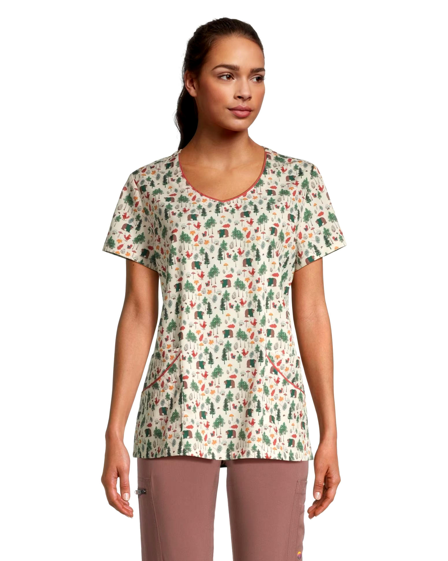 Scrubletics Women's Curved V-Neck Print Scrub Top - Forage Pals