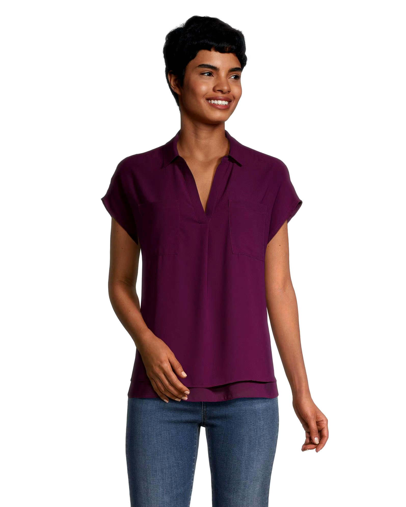 Denver Hayes Women's V-Neck Double Layer Short Sleeve Blouse