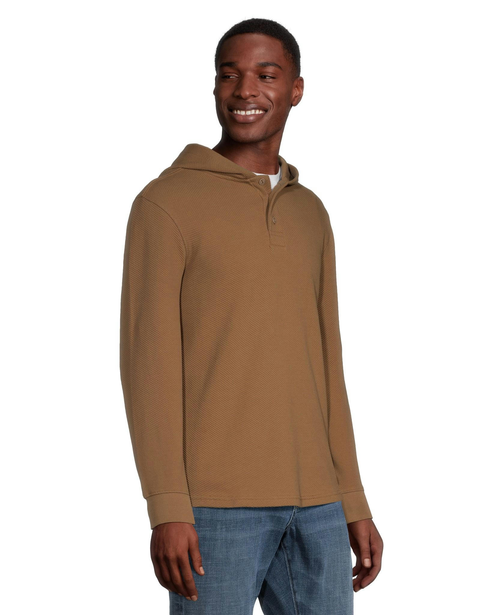 Denver Hayes Men's Long Sleeve Texture Knit Hooded Popover Henley