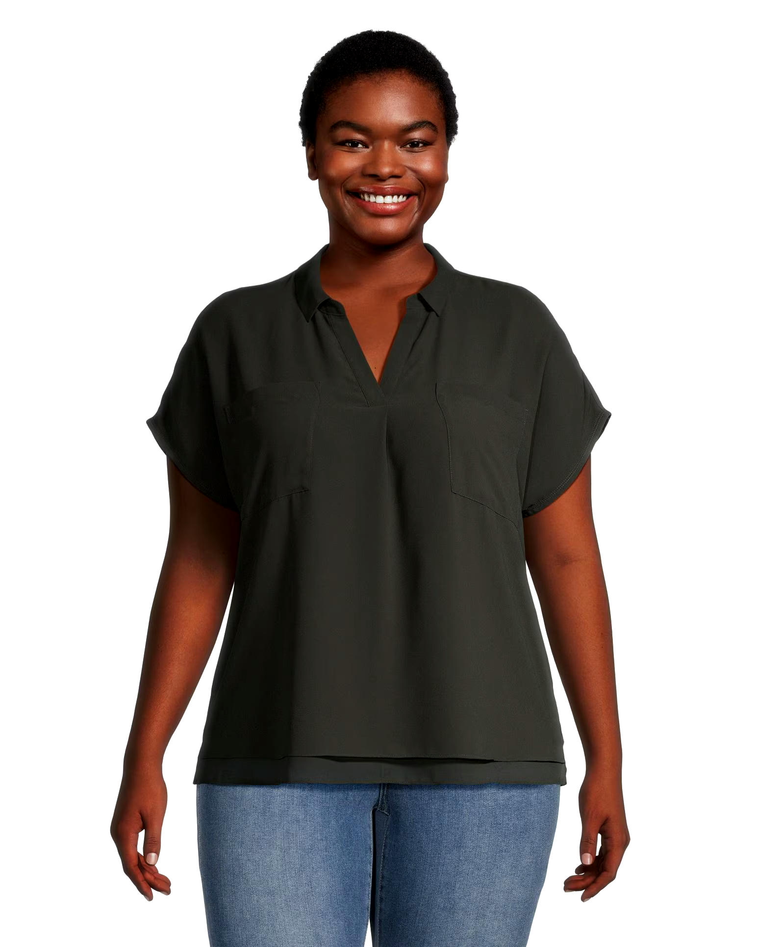 Denver Hayes Women's V-Neck Double Layer Short Sleeve Blouse