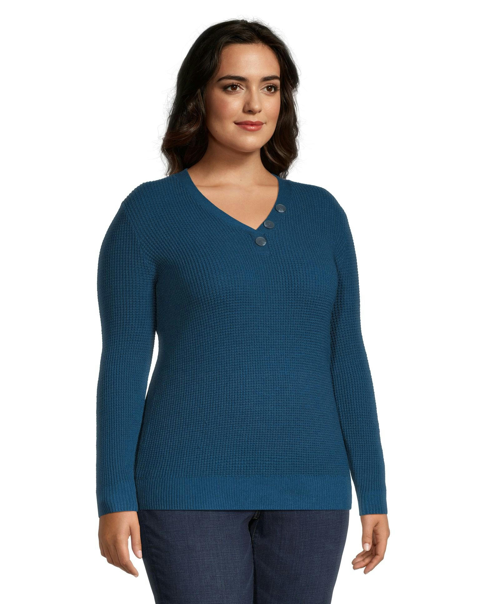 Denver Hayes Women's Fitted Long Sleeve V Neck Waffle Henley Sweater