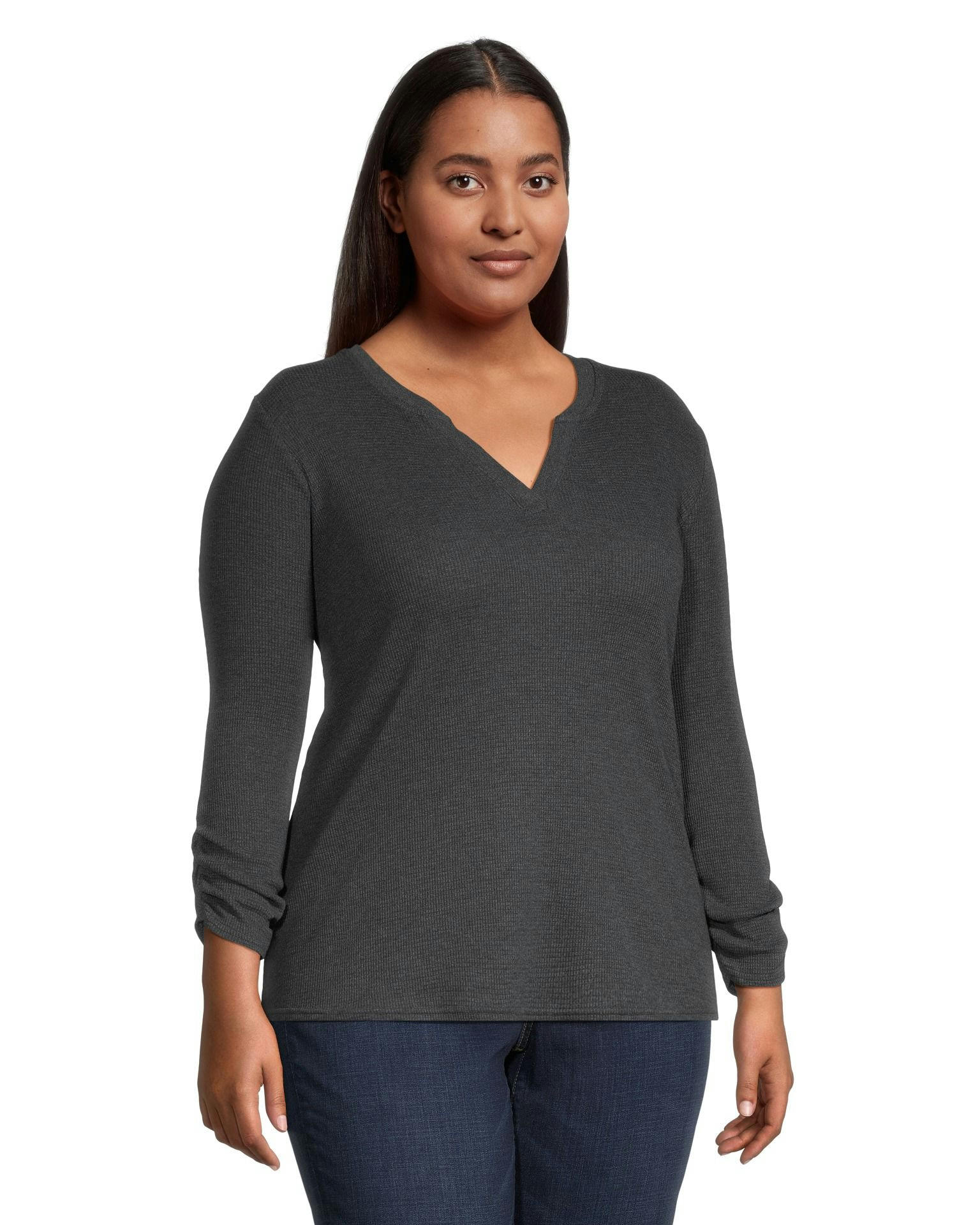 Denver Hayes Women's Semi Fitted Long Sleeve Y Neck Waffle Shirt