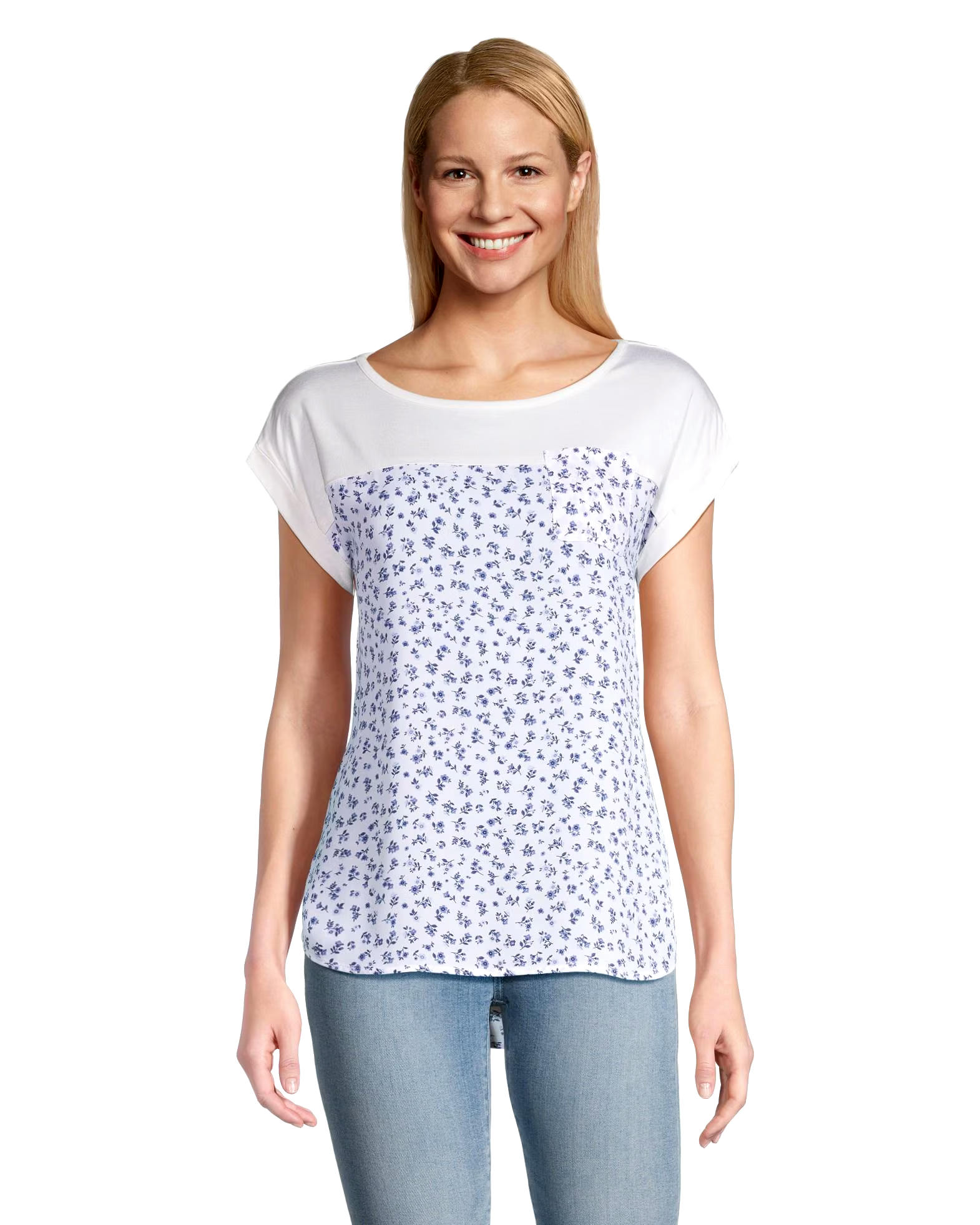 Denver Hayes Women's Mixed Media Printed Short Sleeve Blouse