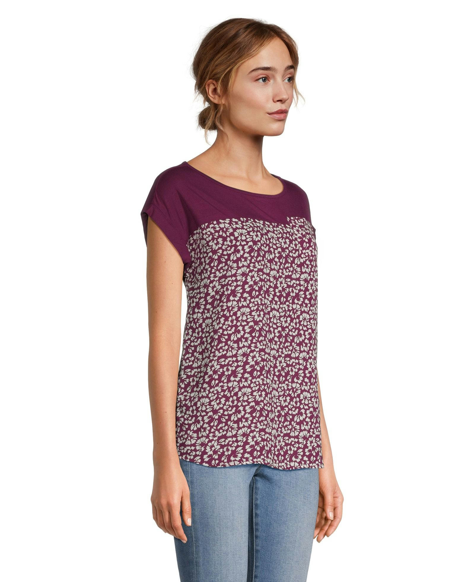 Denver Hayes Women's Mixed Media Printed Short Sleeve Blouse