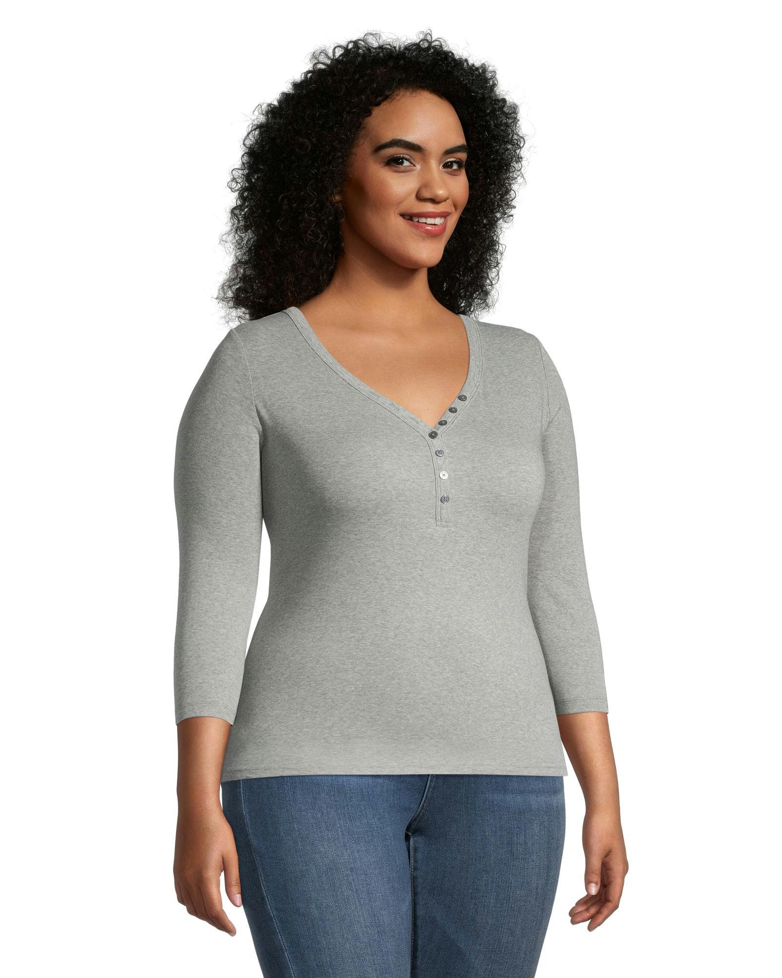 Denver Hayes Women's Three Quarter Sleeve Fitted Henley T Shirt