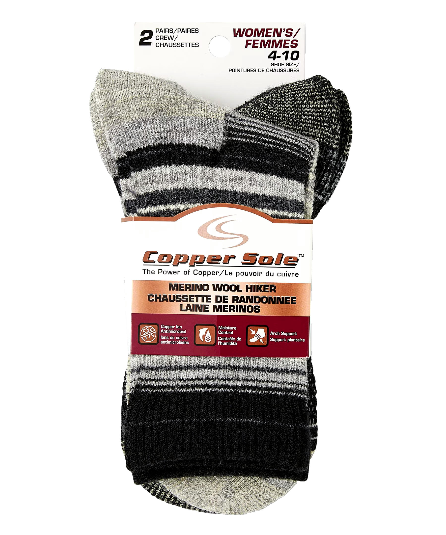 Copper Sole Women's 2 Pack Merino Wool Hiker Crew Socks