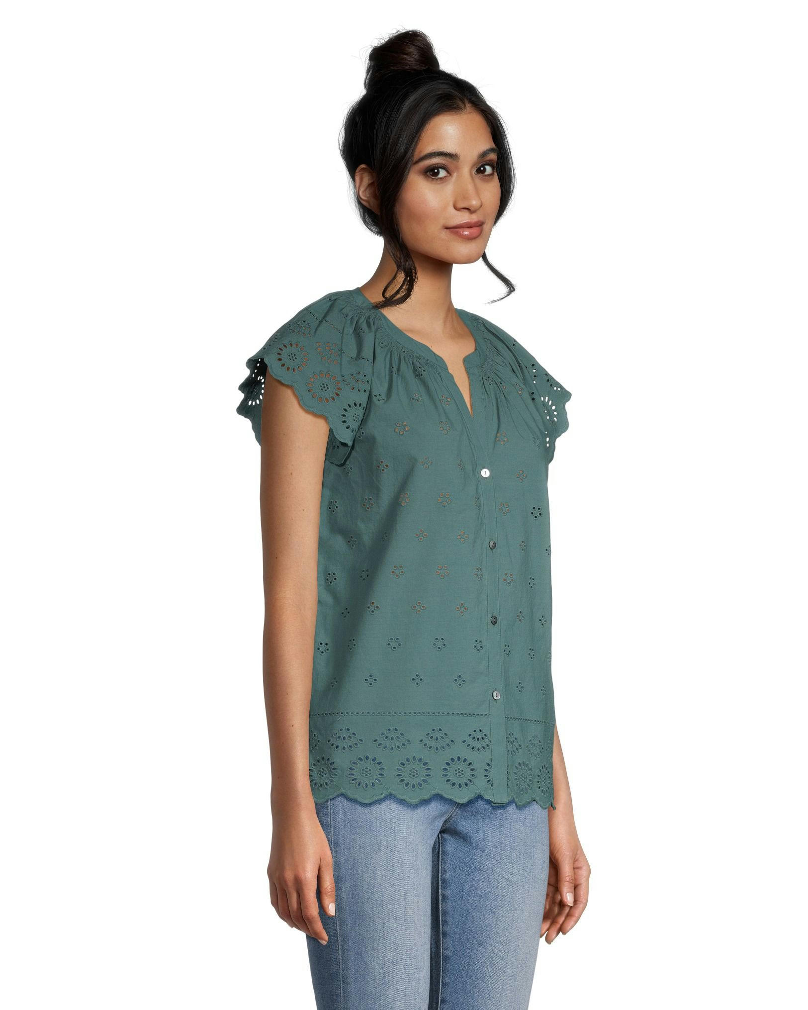 Denver Hayes Women's Embroidered Semi-Fitted Eyelet Cotton Blouse