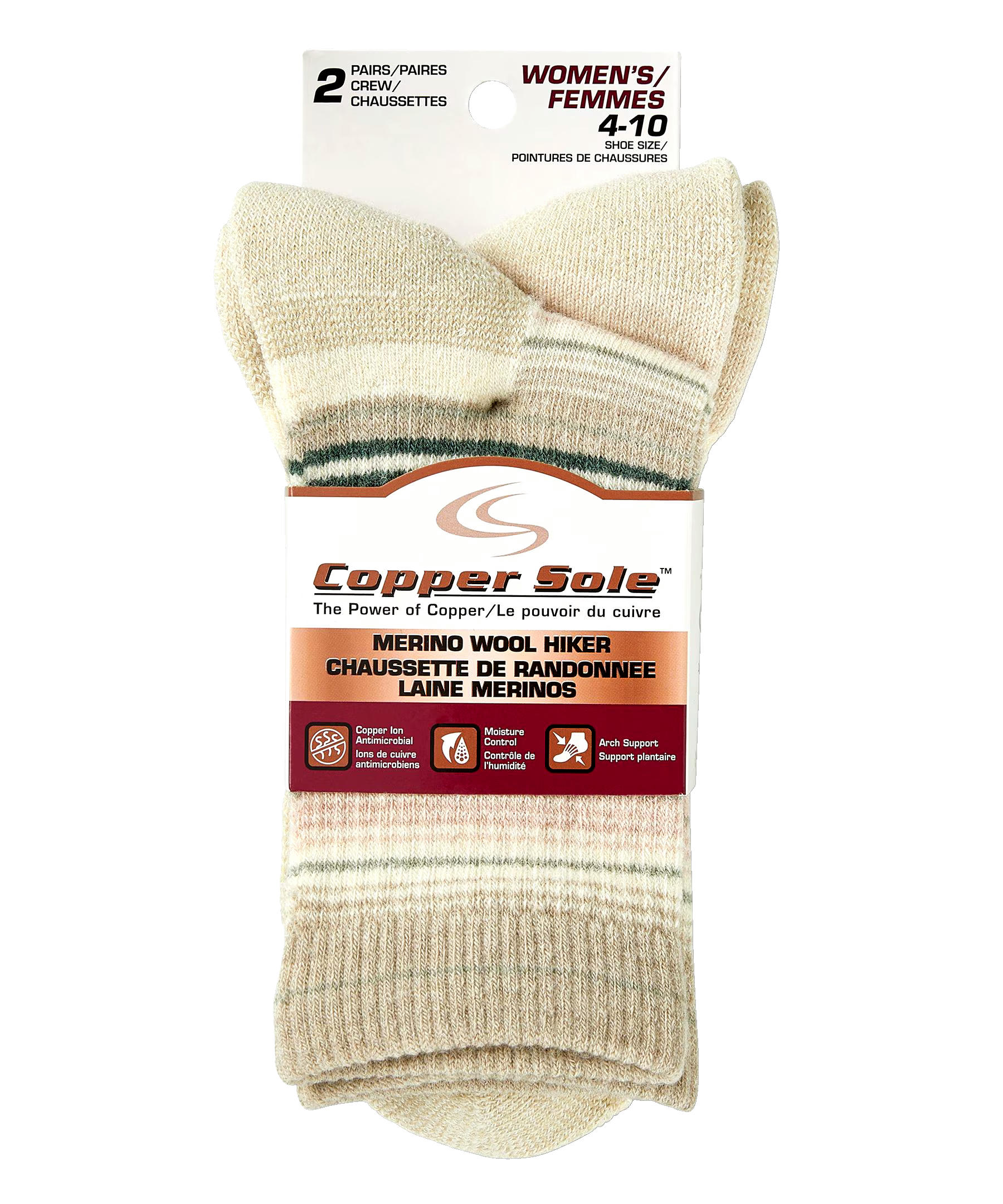 Copper Sole Women's 2 Pack Merino Wool Hiker Crew Socks