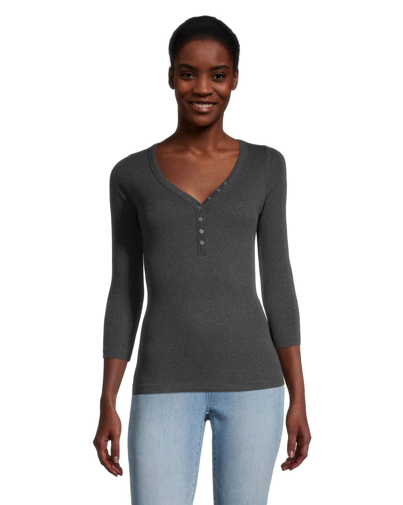 Denver Hayes Women's Three Quarter Sleeve Fitted Henley T Shirt