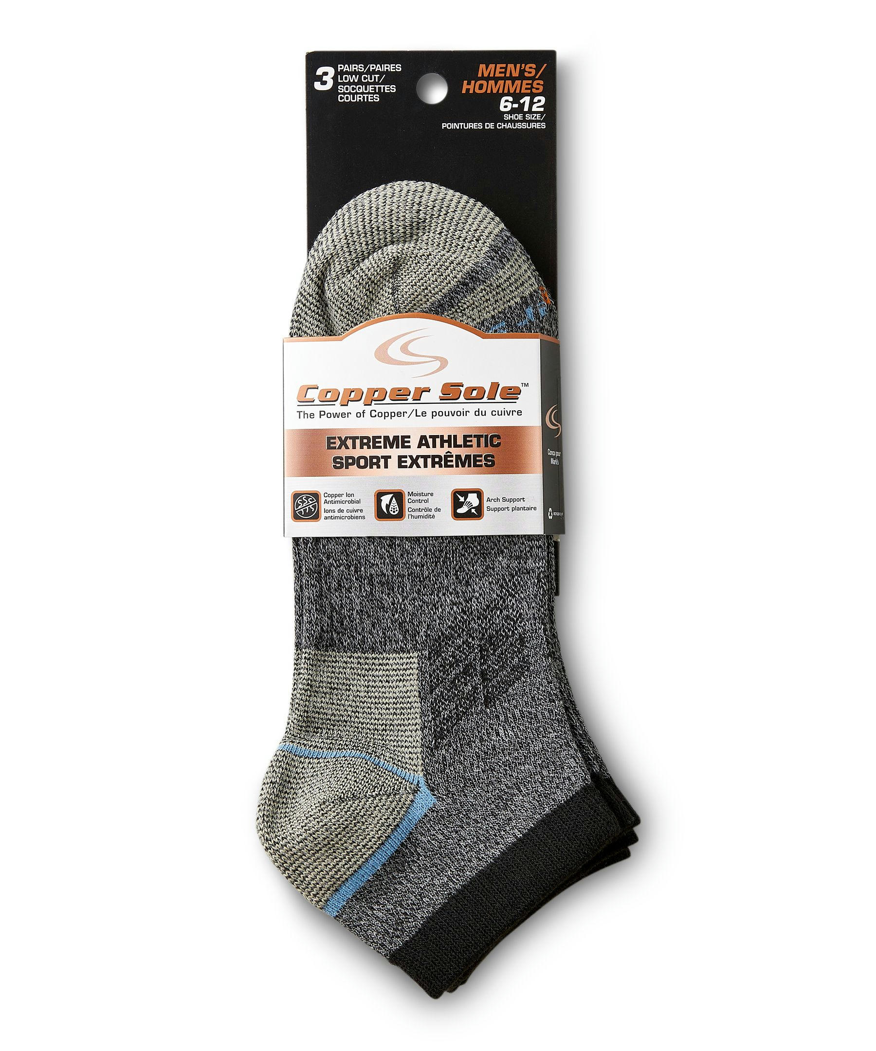Copper Sole Men's 3 Pack Extreme Athletic Low Cut Socks with Moisture Guard