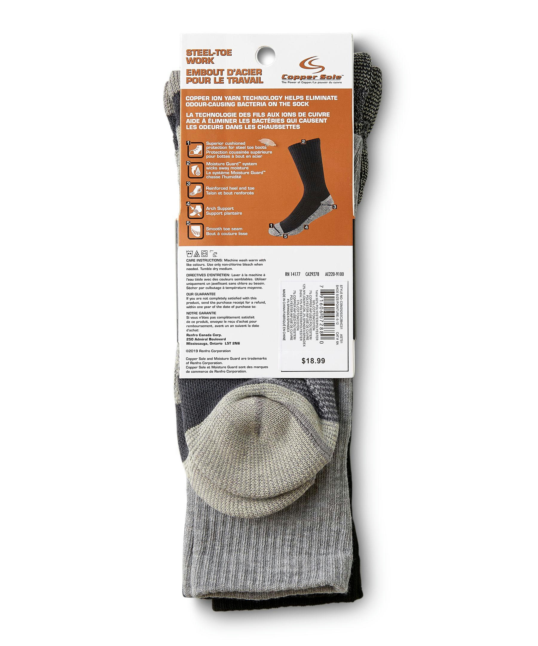 Copper Sole Men's 2 Pack Lightweight Steel-Toe Work Socks with Moisture Guard