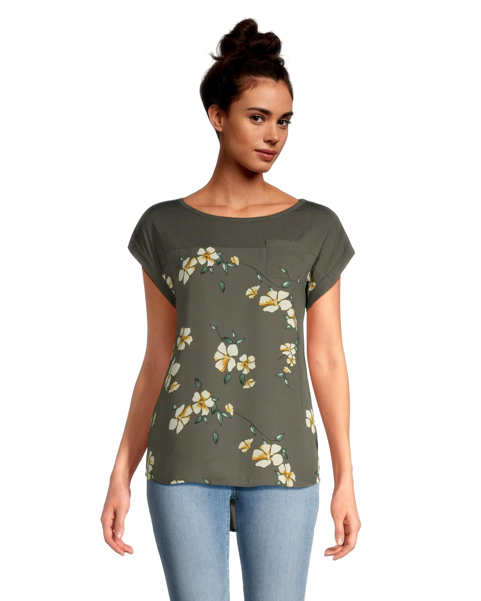 Denver Hayes Women's Mixed Media Printed Short Sleeve Blouse