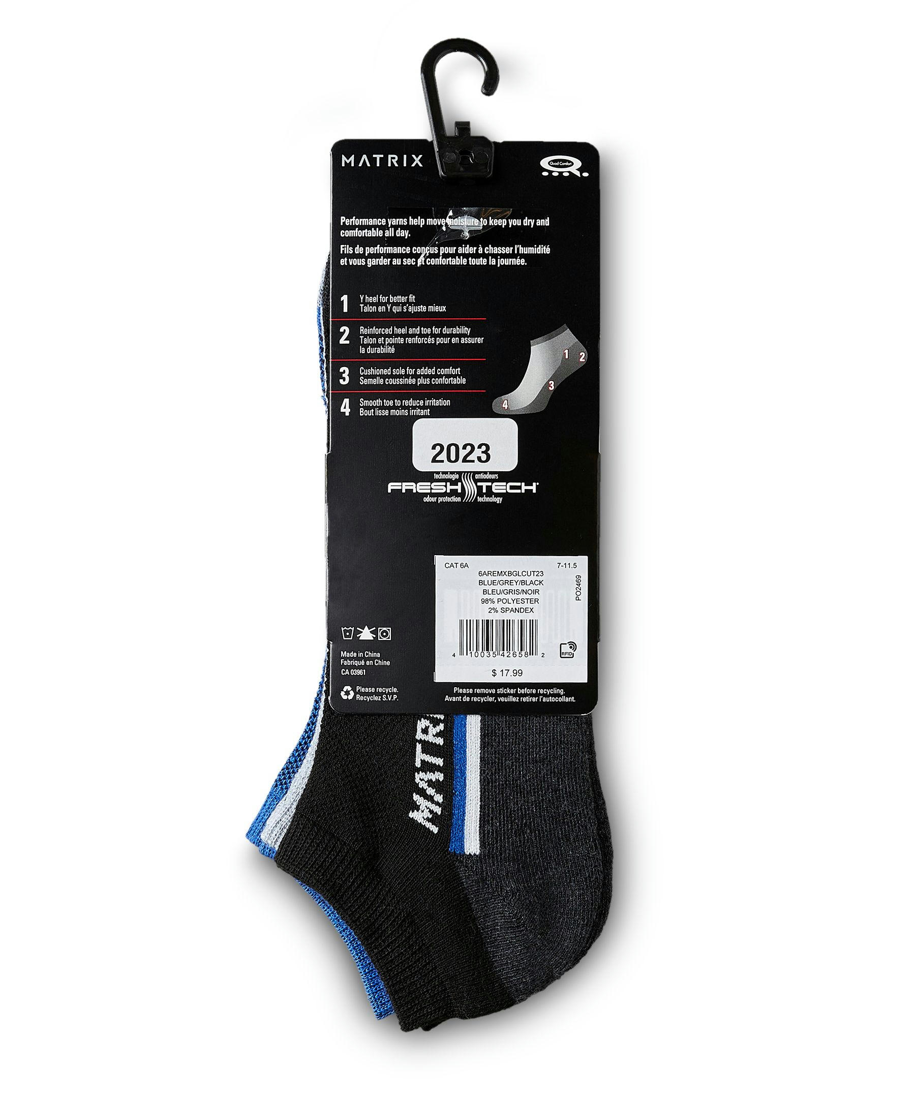 Matrix Men's 3 Pack FRESHTECH Quad Comfort Low Cut Sport Socks