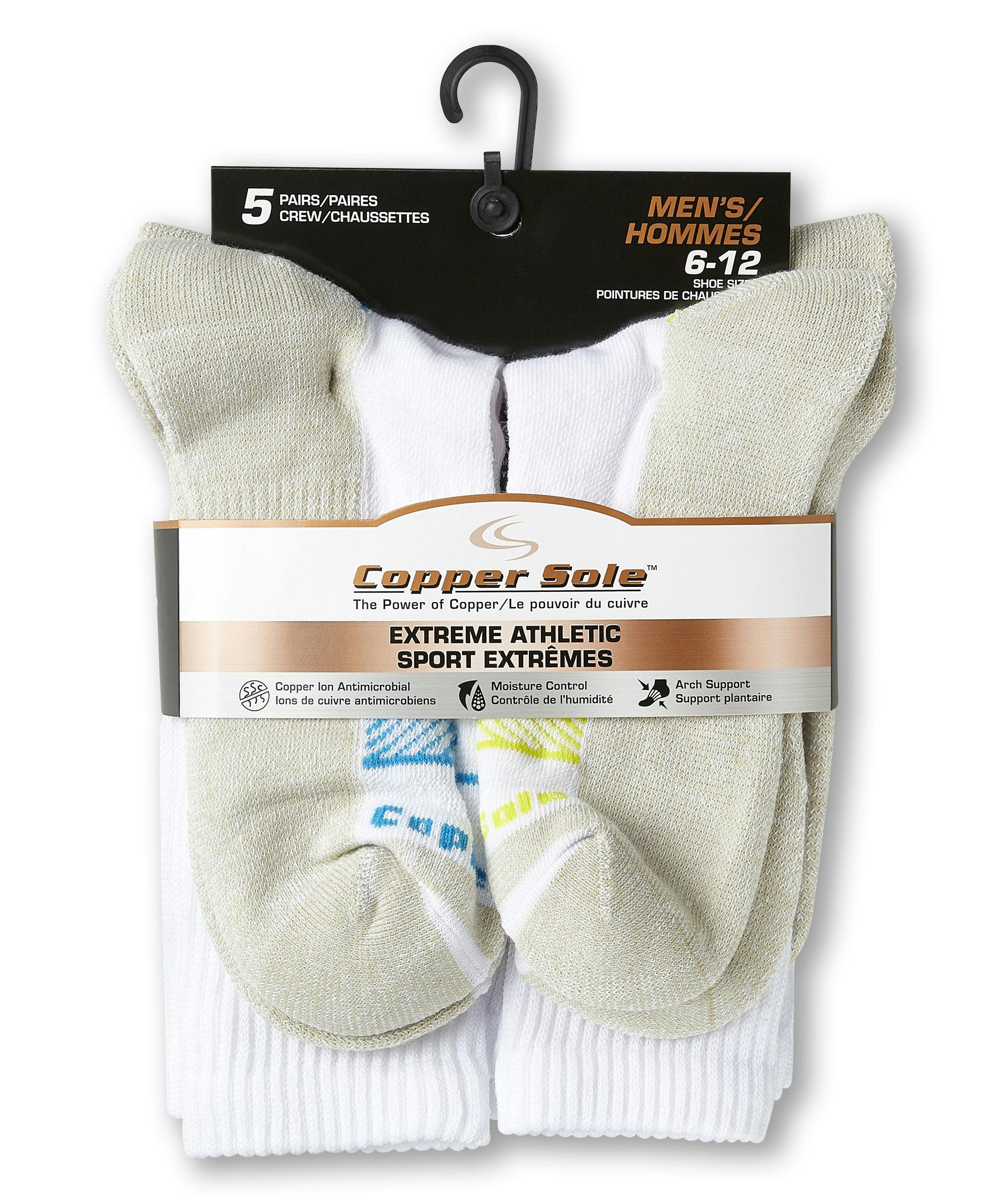 Copper Sole Men's 5 Pack Extreme Atheletic Crew Socks