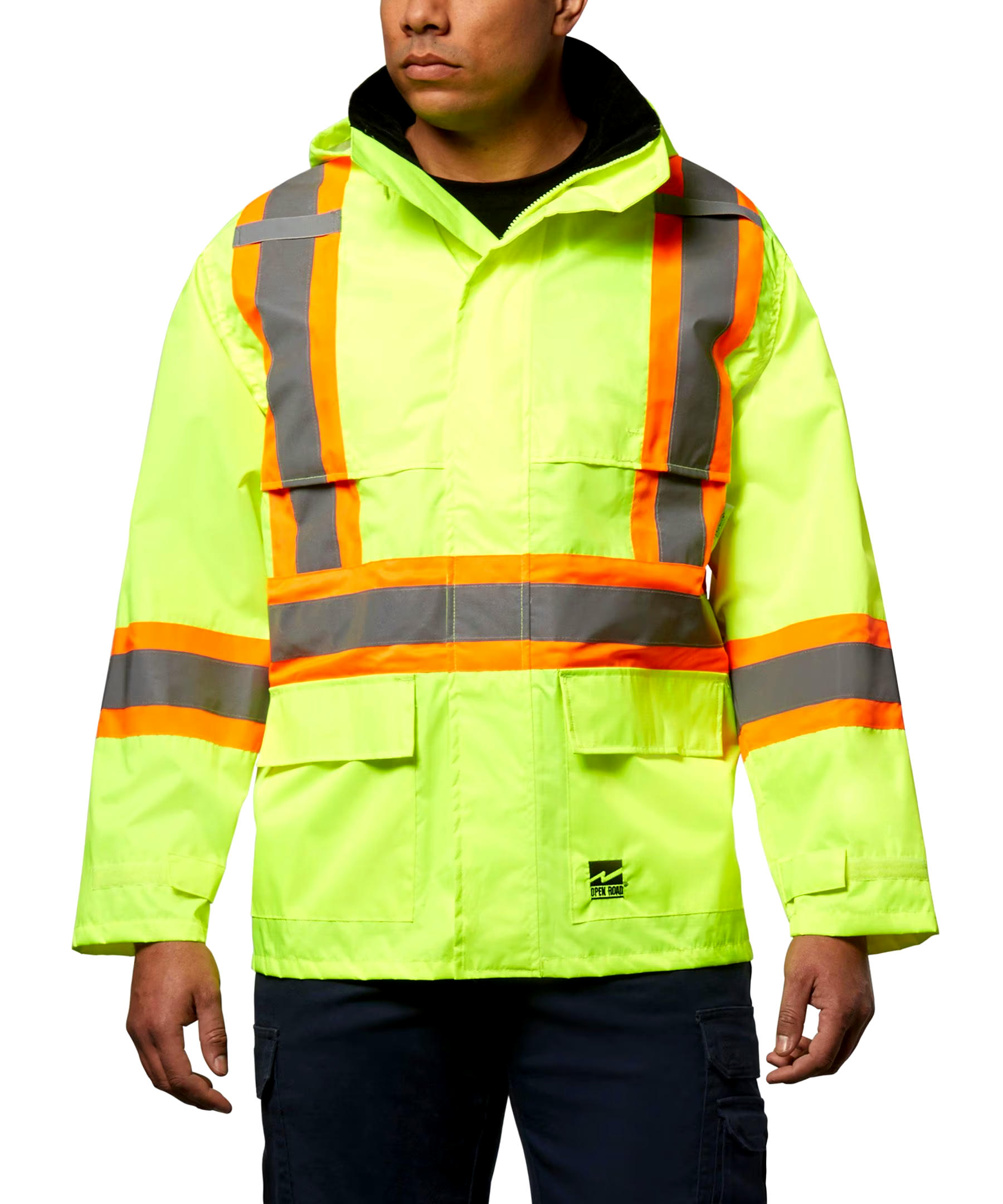 Open Road Men's Hi-Vis 150D Unlined Waterproof and Windproof Safety Rain Jacket