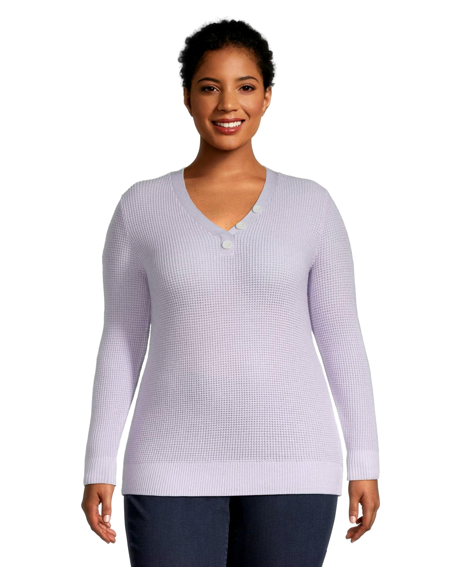 Denver Hayes Women's Fitted Long Sleeve V Neck Waffle Henley Sweater