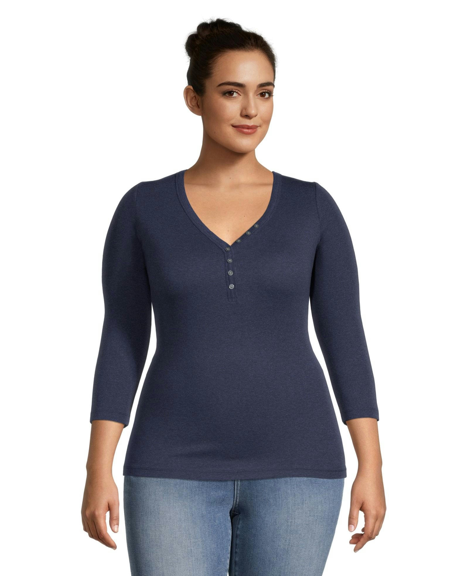 Denver Hayes Women's Three Quarter Sleeve Fitted Henley T Shirt