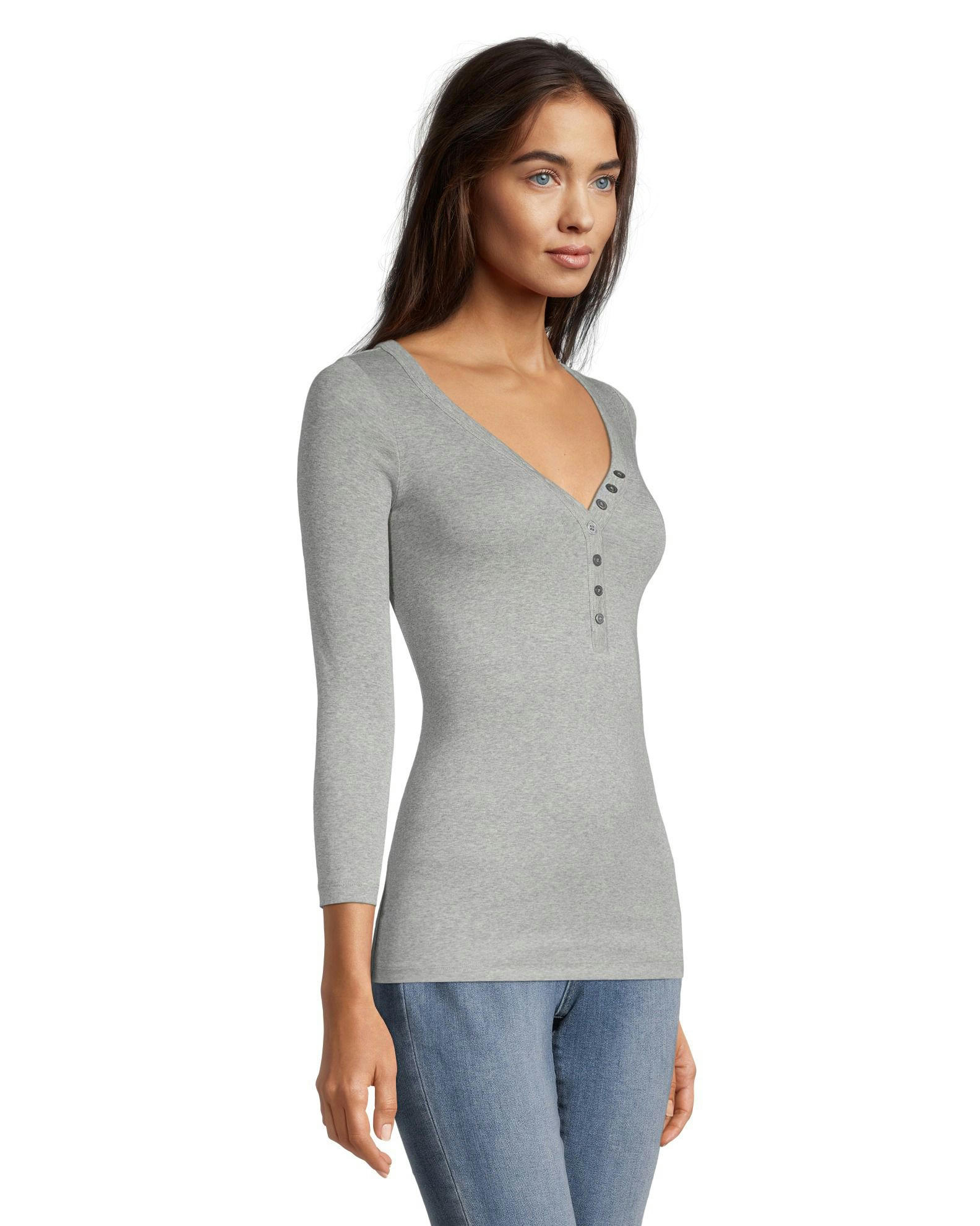 Denver Hayes Women's Three Quarter Sleeve Fitted Henley T Shirt