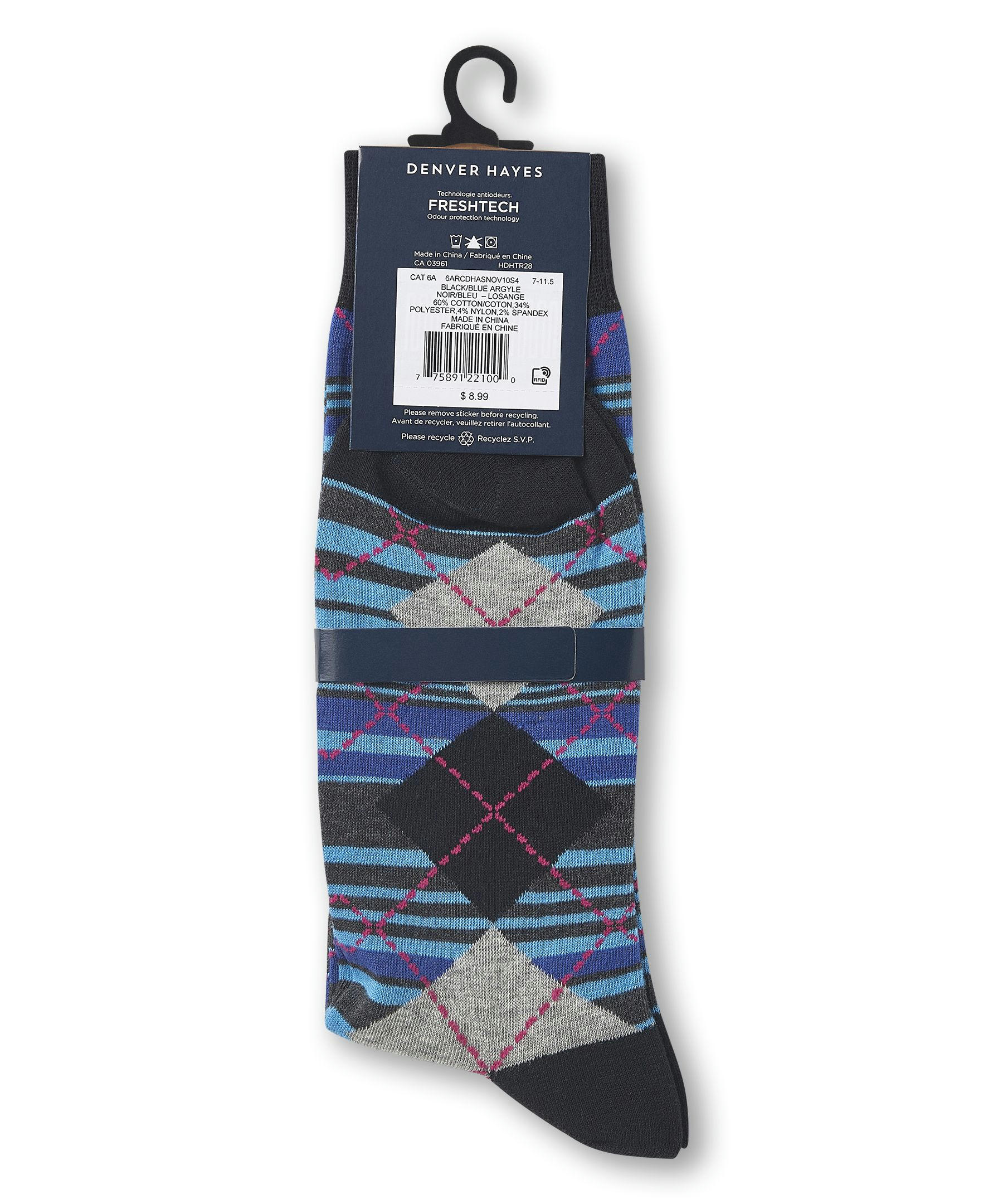 Denver Hayes Men's FRESHTECH® Geometric Pattern Casual Crew Socks