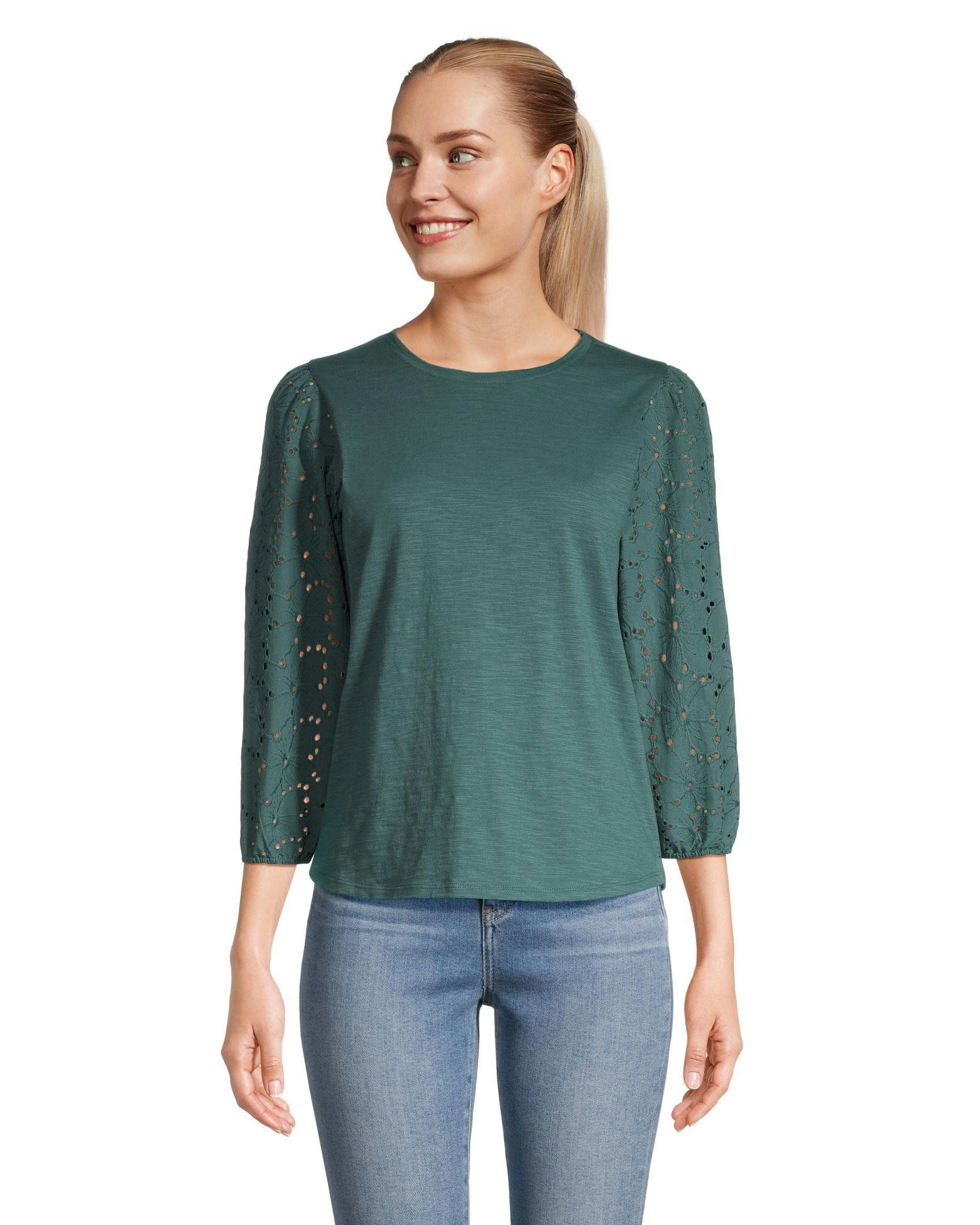 Denver Hayes Women's Semi Fitted 3/4 Length Sleeve Crew Neck T Shirt