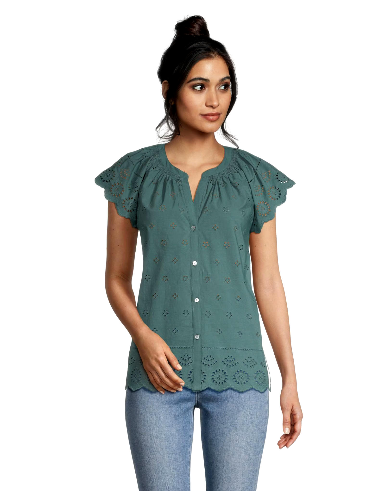 Denver Hayes Women's Embroidered Semi-Fitted Eyelet Cotton Blouse