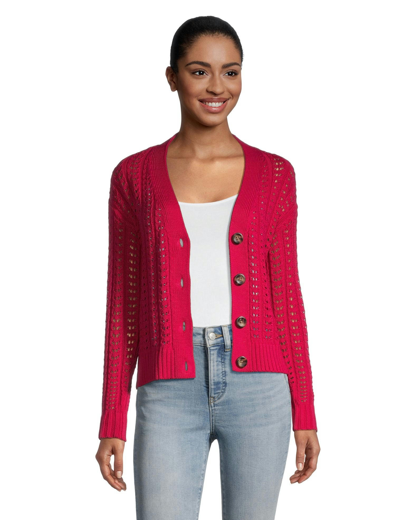 Denver Hayes Women's Semi Fitted Drop Shoulder Button Up Cardigan