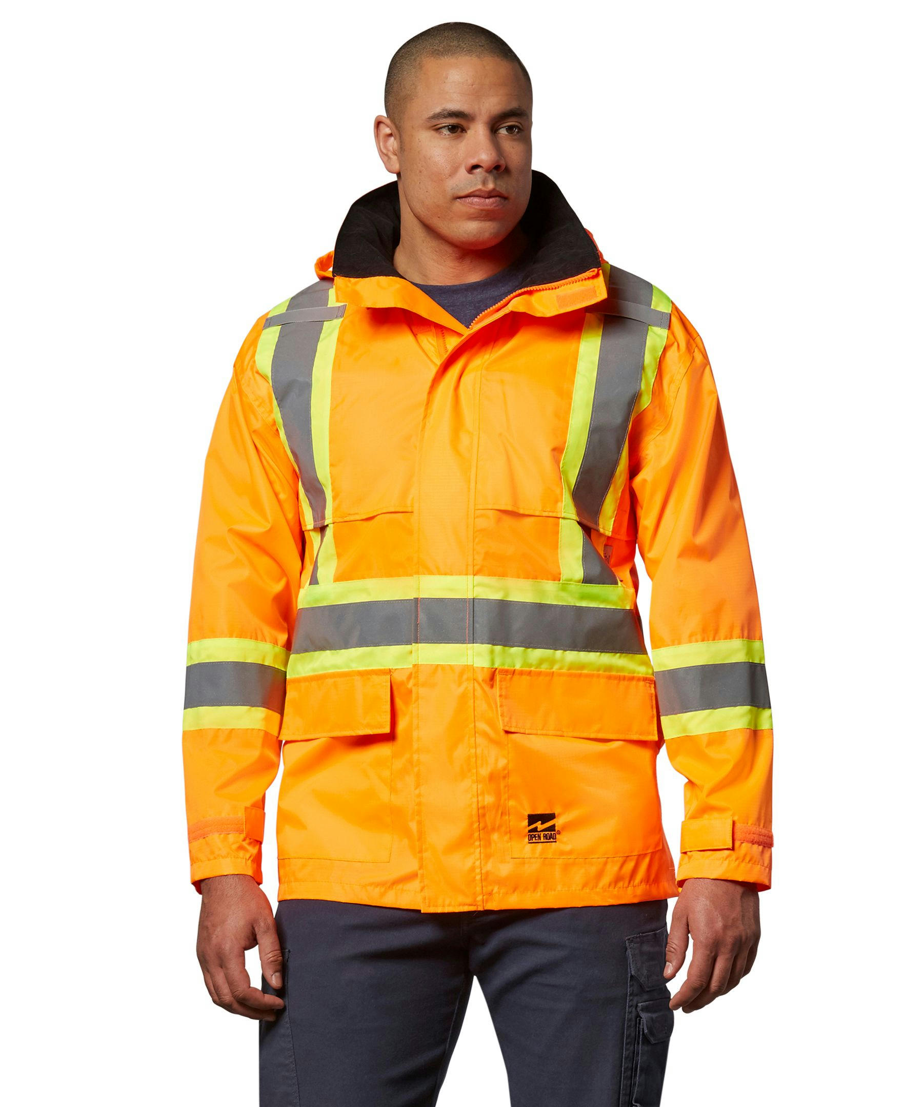 Open Road Men's Hi-Vis 150D Unlined Waterproof and Windproof Safety Rain Jacket