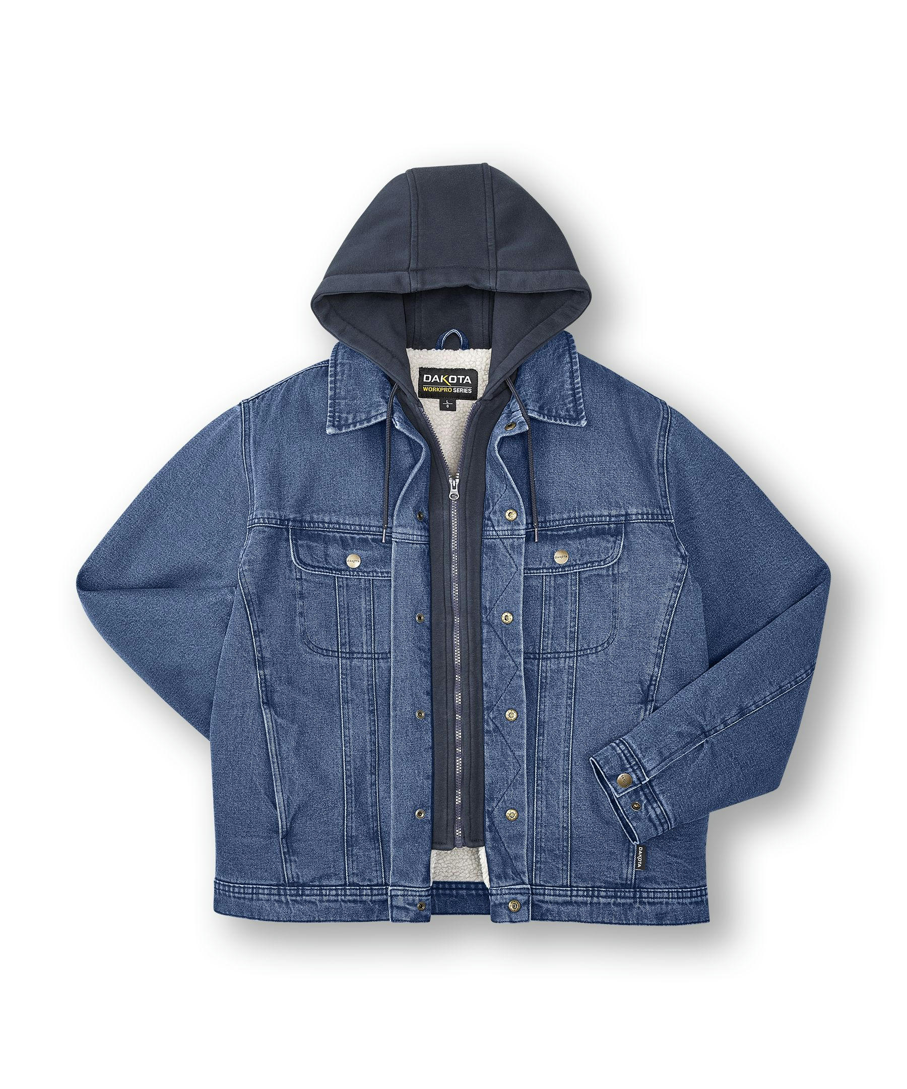 Dakota WorkPro Series Men's Washed Denim Sherpa Lined Hooded Jean Jacket - Blue