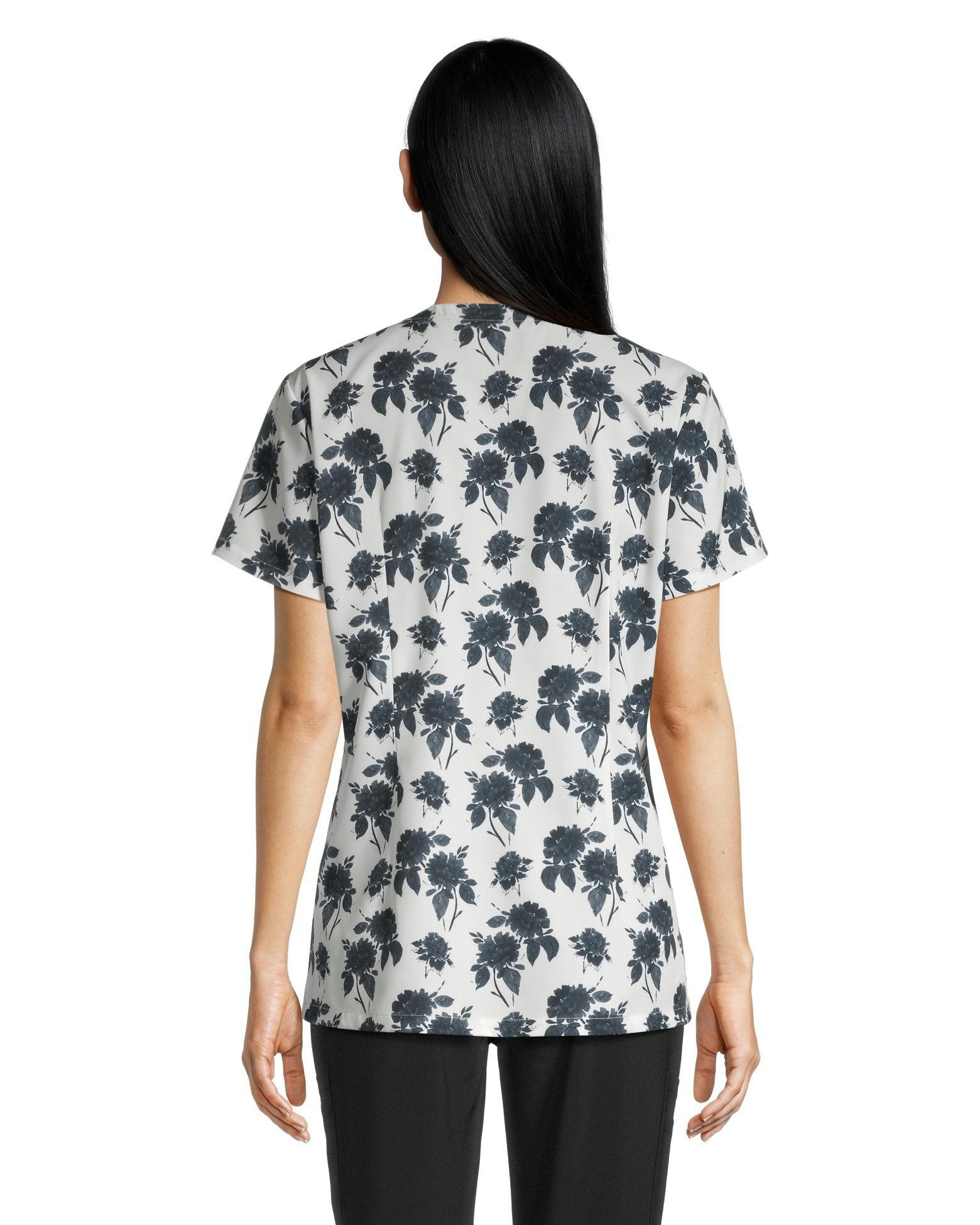 Scrubletics Women's Curved V-Neck Print Scrub Top - Black Bloom