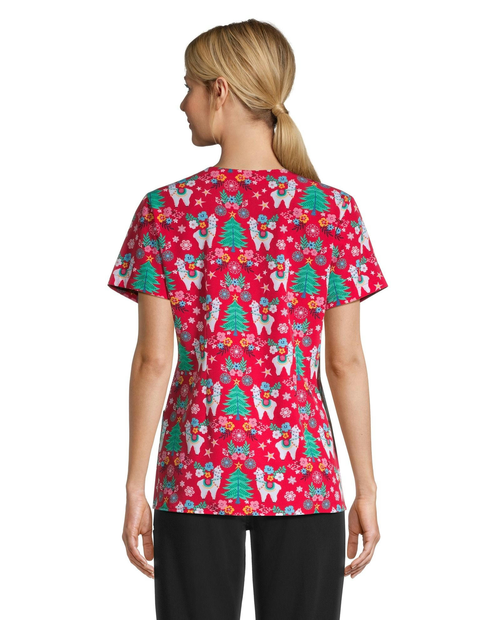 Health Pro Women's V Neck Patch Pocket Printed Scrub Top
