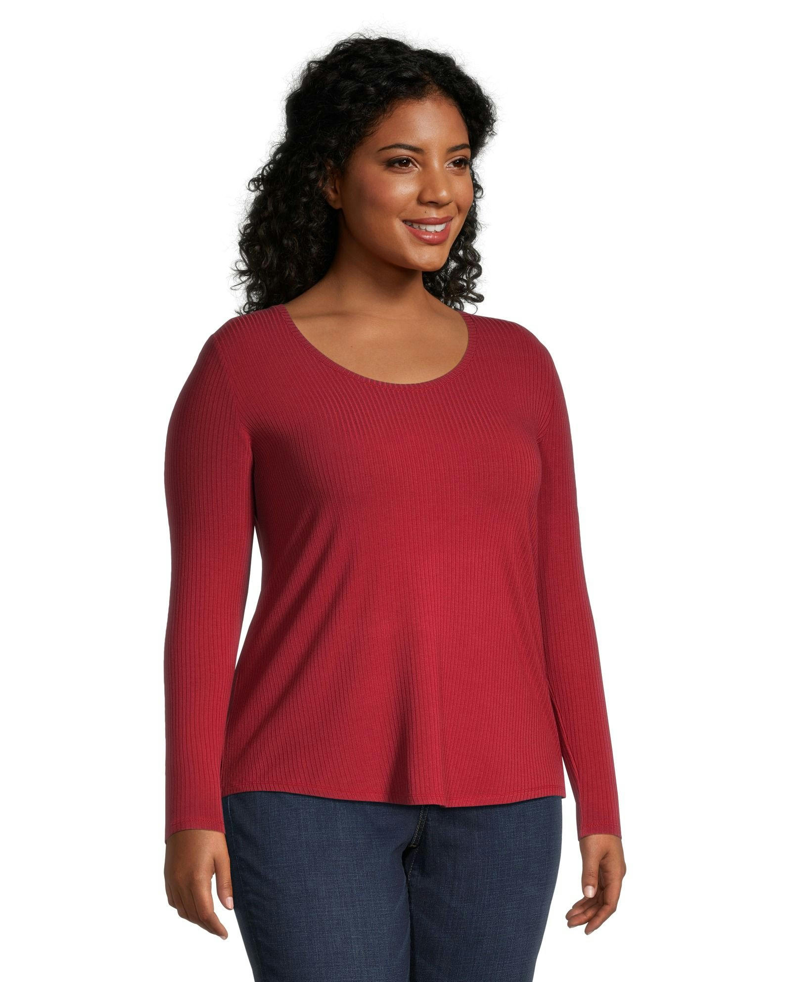 Denver Hayes Women's Relaxed Fit Long Sleeve Scoop Neck Ribbed T Shirt
