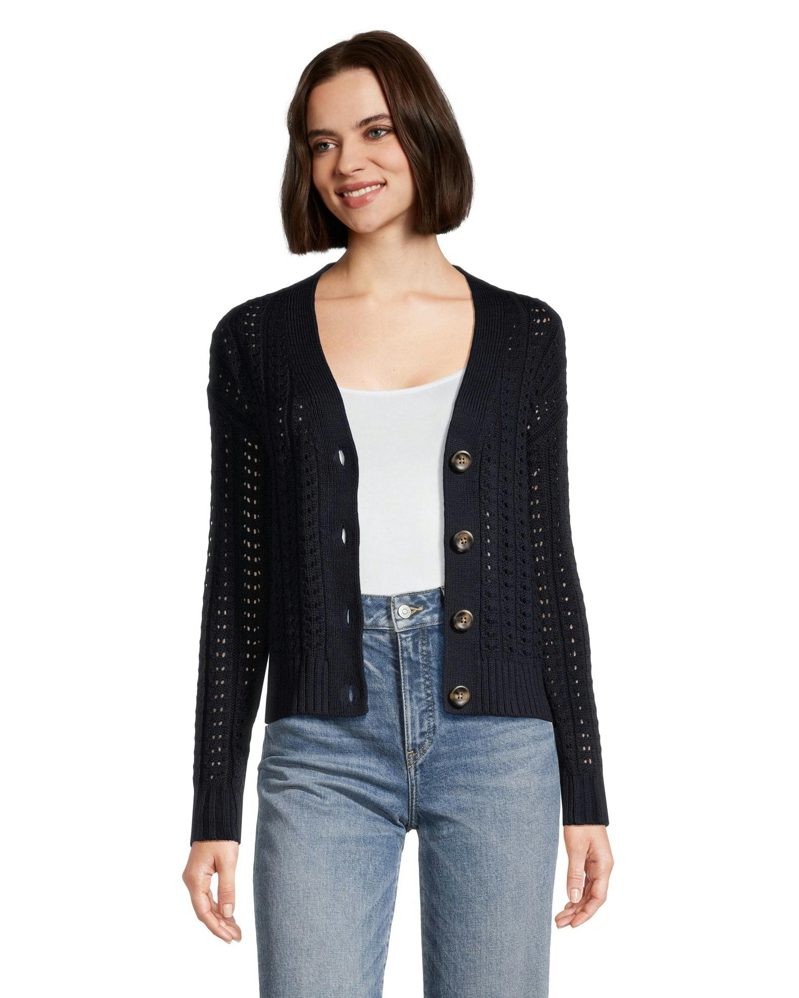 Denver Hayes Women's Semi Fitted Drop Shoulder Button Up Cardigan