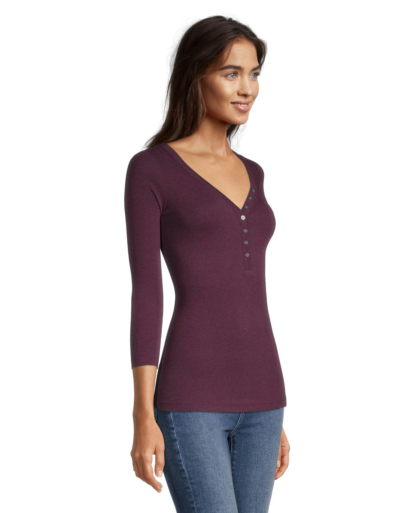 Denver Hayes Women's Three Quarter Sleeve Fitted Henley T Shirt