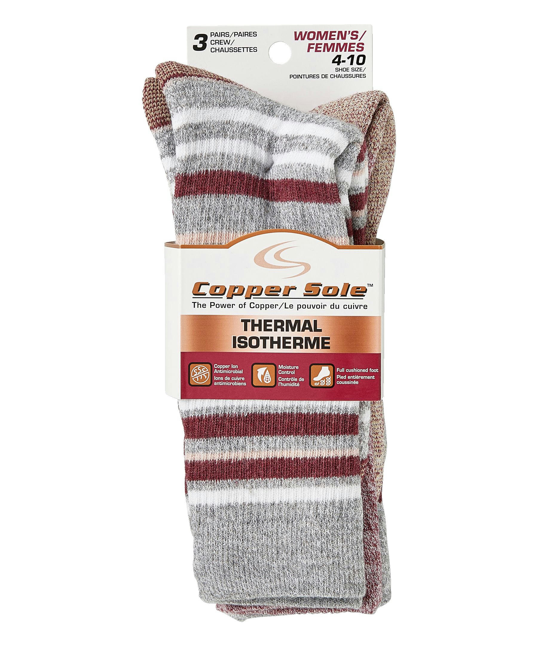 Copper Sole Women's 3 Pack Thermal Crew Socks