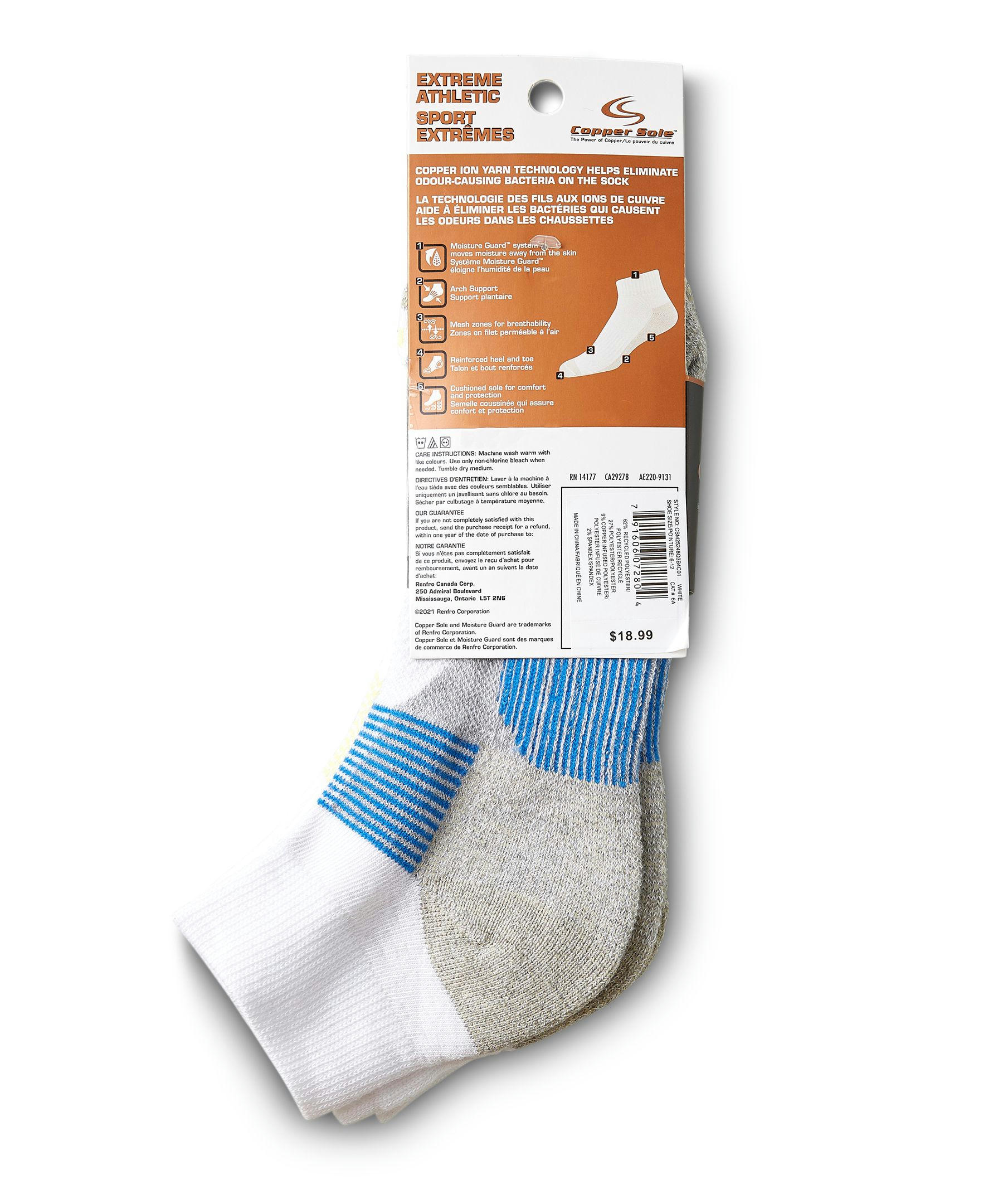 Copper Sole Men's 3 Pack Extreme Athletic Ankle Socks with Moisture Guard
