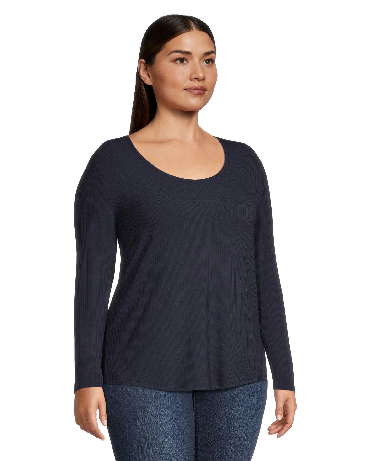 Denver Hayes Women's Relaxed Fit Long Sleeve Scoop Neck Ribbed T Shirt