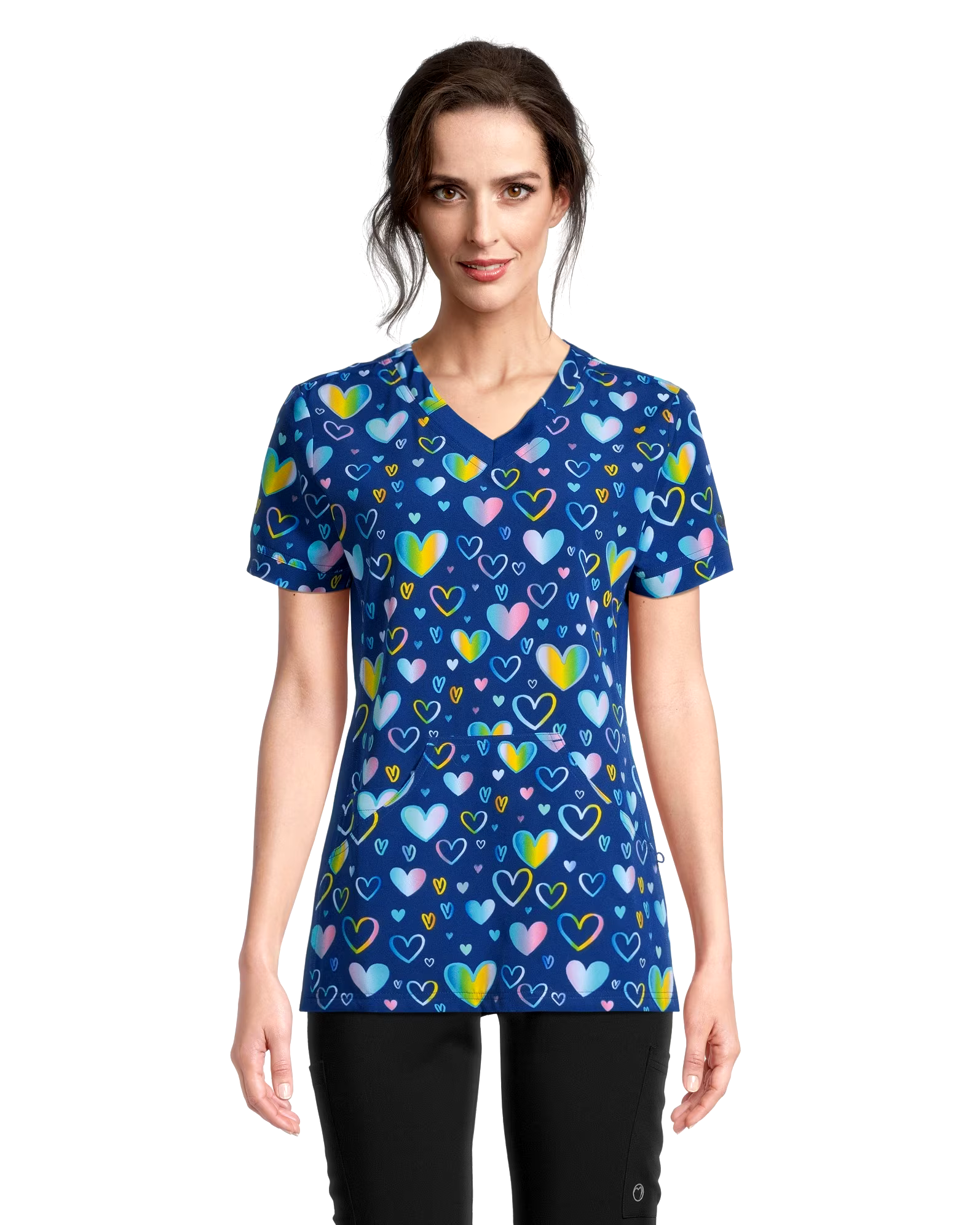 Women's V-Neck Kangaroo Pocket Printed Scrub Top