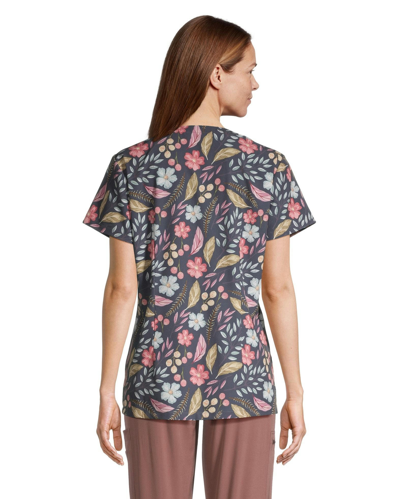 Scrubletics Women's Curved V-Neck Print Scrub Top - Grey Bloom