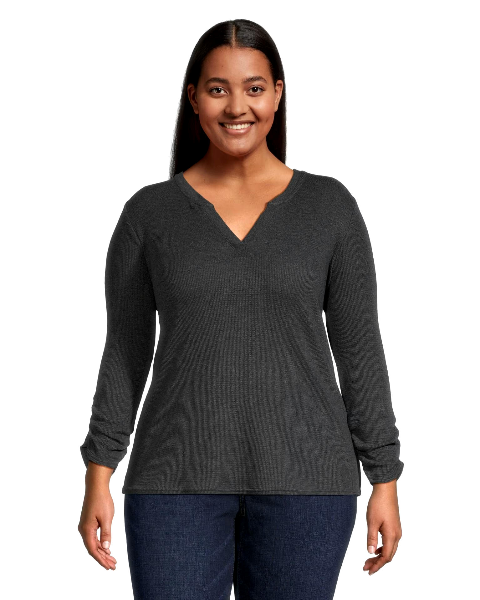 Denver Hayes Women's Semi Fitted Long Sleeve Y Neck Waffle Shirt